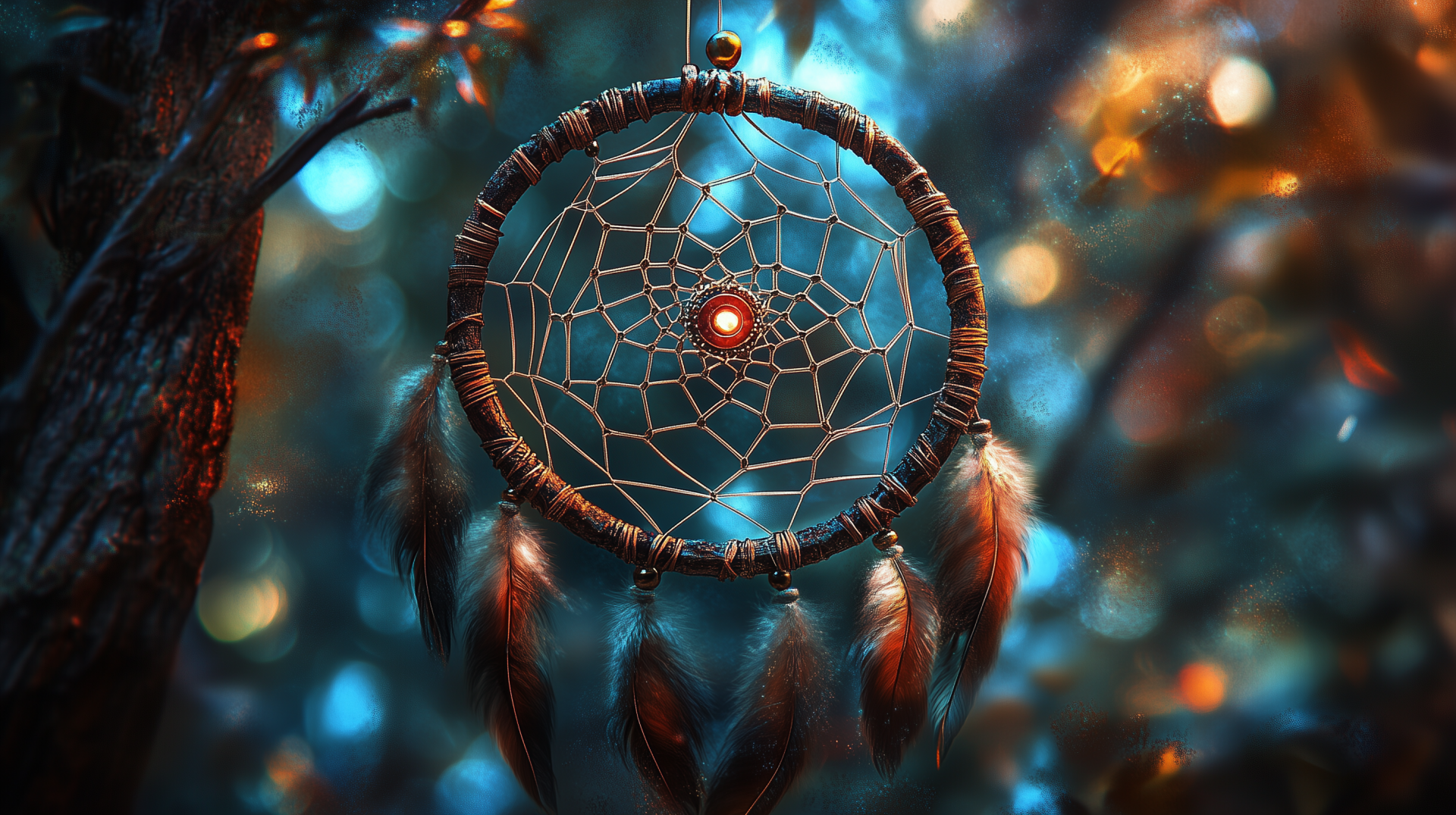 A vibrant dreamcatcher against a soft background, creating a captivating HD desktop wallpaper that enhances any screen with a touch of serenity and cultural charm.