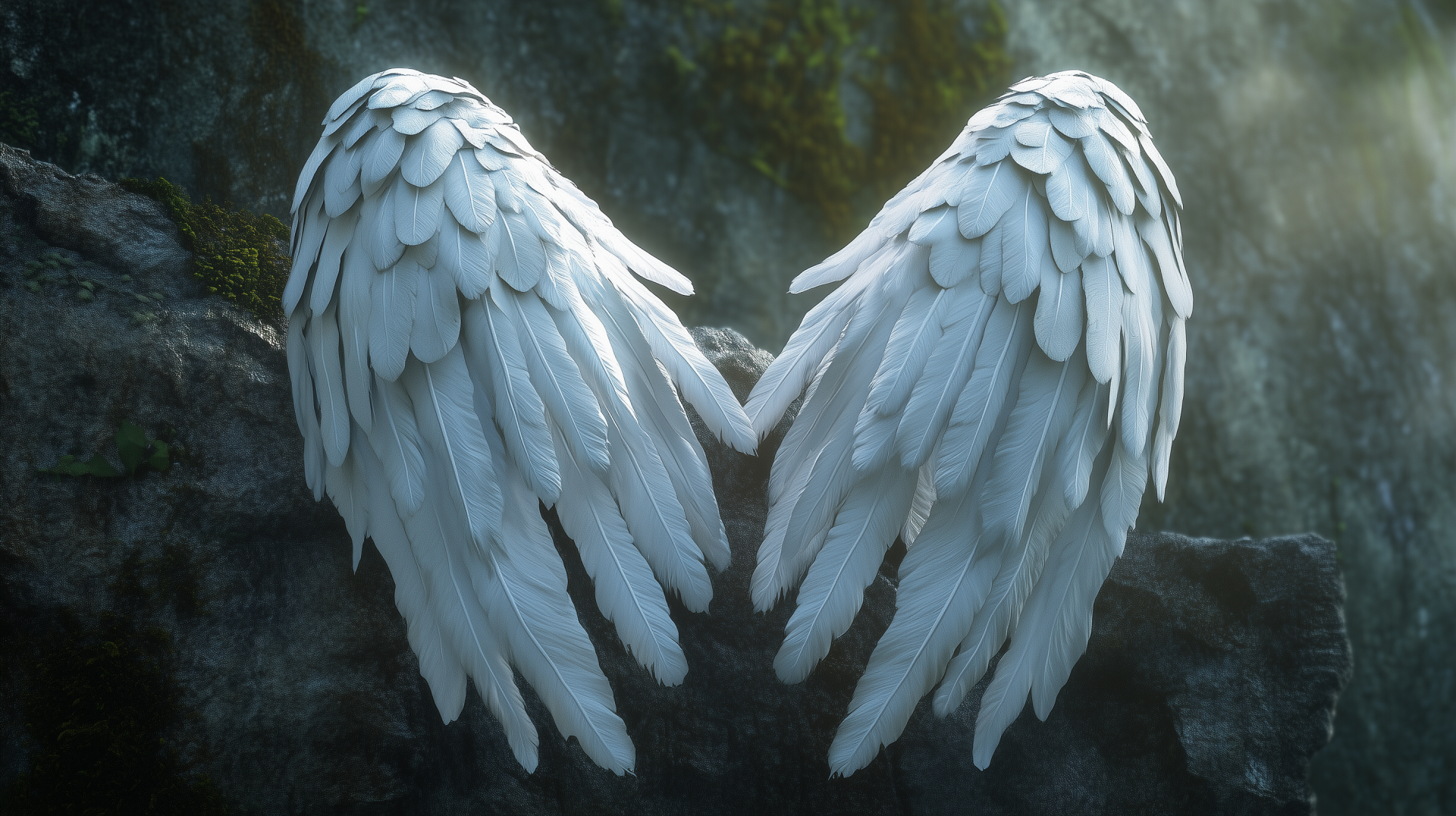 A stunning HD desktop wallpaper featuring a pair of elegant angel wings, intricately detailed and positioned to form a heart shape against a serene backdrop.