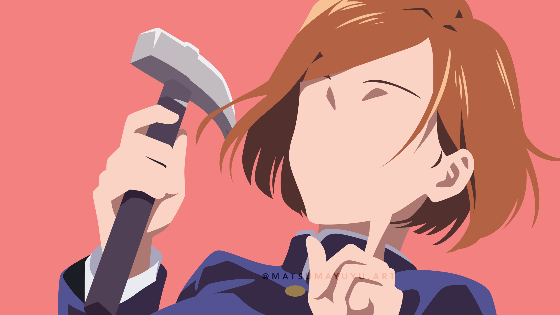 Minimalist 8K Ultra HD anime wallpaper of Nobara Kugisaki from Jujutsu Kaisen holding a hammer against a solid pink background.