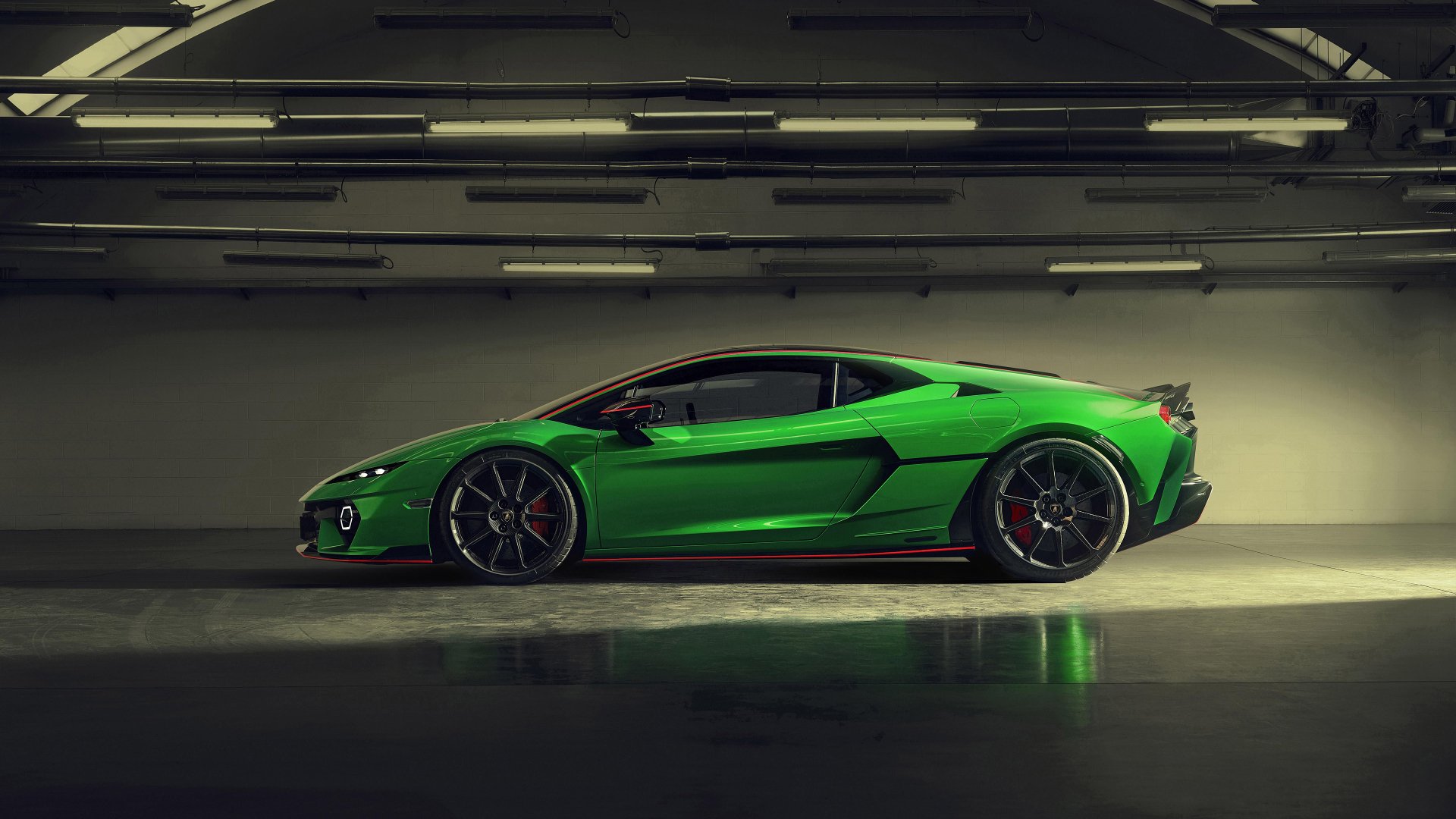 A sleek green Lamborghini Temerario stands poised in a modern garage, showcasing its dynamic design. This striking image serves as a vibrant 4K Ultra HD desktop wallpaper.