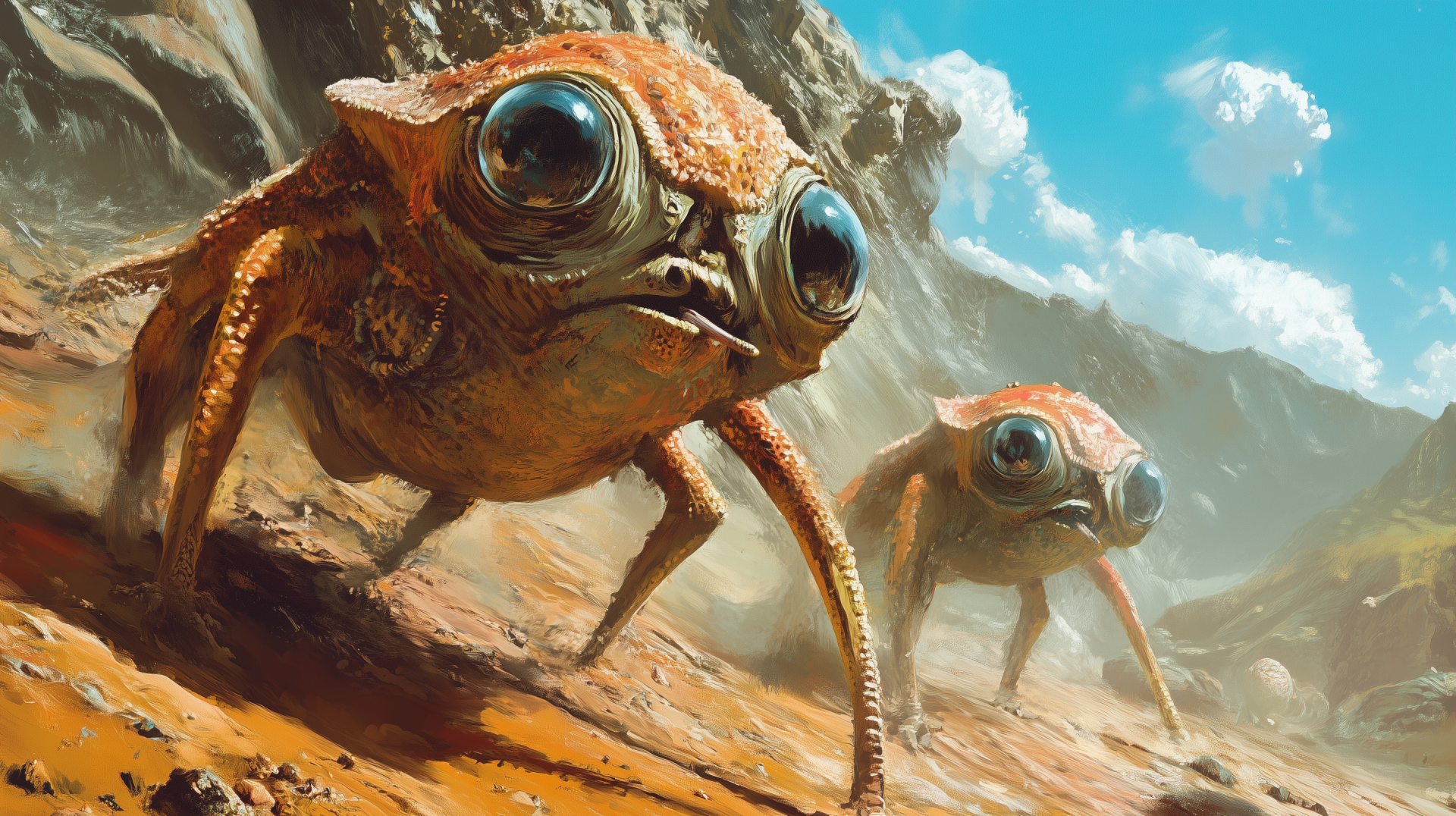 A stunning HD desktop wallpaper featuring alien creatures with large eyes and unique forms, set against a rocky landscape under a bright blue sky. A captivating sci-fi visual.
