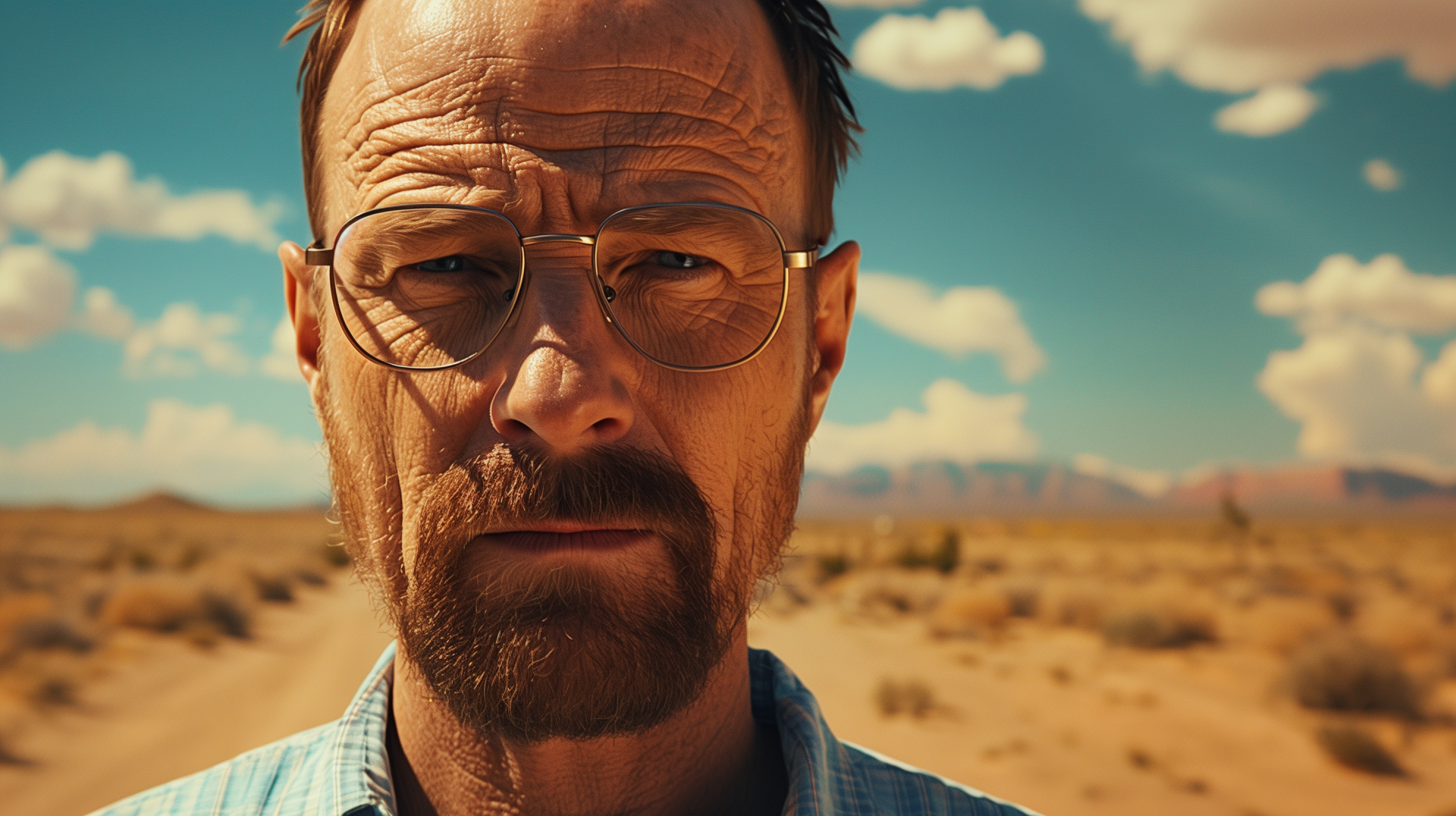 HD wallpaper featuring Walter White, portrayed by Bryan Cranston, from the iconic TV show Breaking Bad, showcasing the character's intense demeanor in a dramatic backdrop.