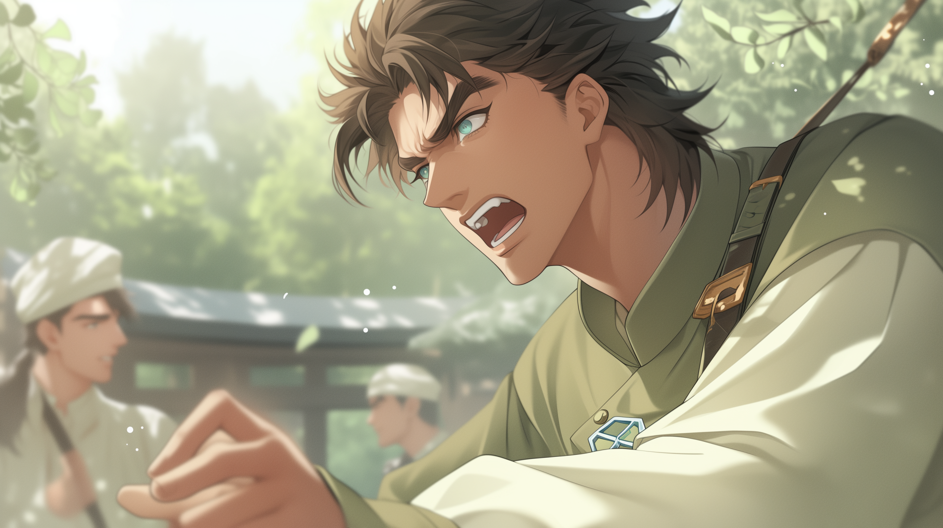 Dynamic HD wallpaper featuring Joseph Joestar from Jojo's Bizarre Adventure, capturing an intense moment as he passionately interacts with others in a vibrant, detailed setting.