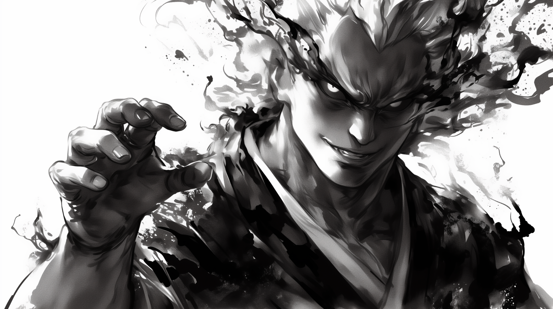 High-definition wallpaper featuring Garou from One-Punch Man, showcasing a dynamic pose with intense expression against a swirling, abstract background.