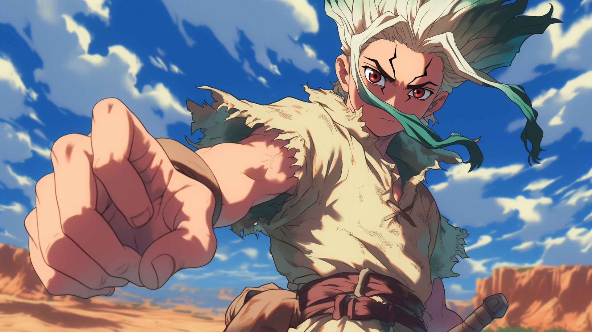 HD desktop wallpaper featuring Senku Ishigami from the anime Dr. Stone, showcasing the character's unique design and vibrant colors in an engaging background.