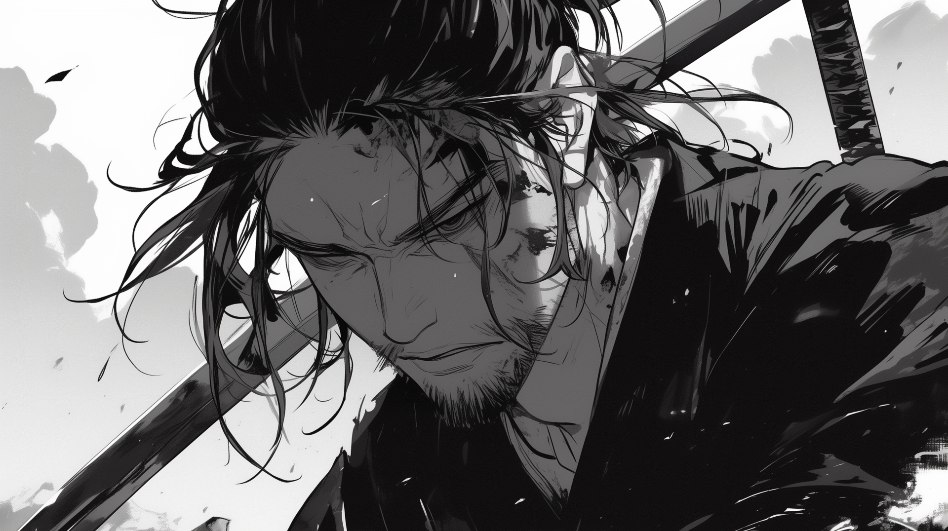 HD desktop wallpaper featuring Miyamoto Musashi from the manga *Vagabond*. A striking background that captures the essence of this iconic character.