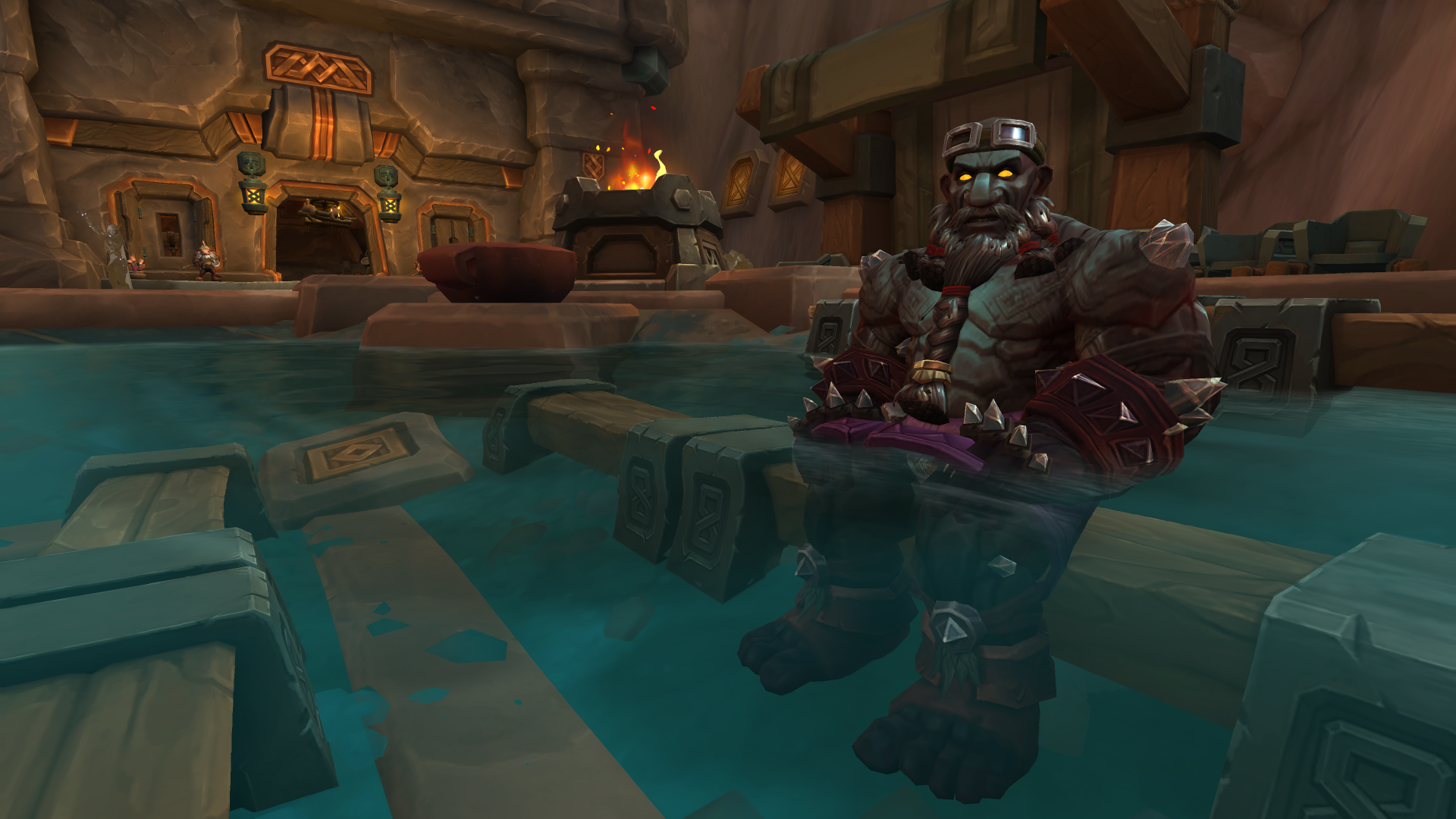 A detailed HD wallpaper from World of Warcraft: The War Within, featuring a robotic character partially submerged in water, set in a vibrant, fantastical environment.