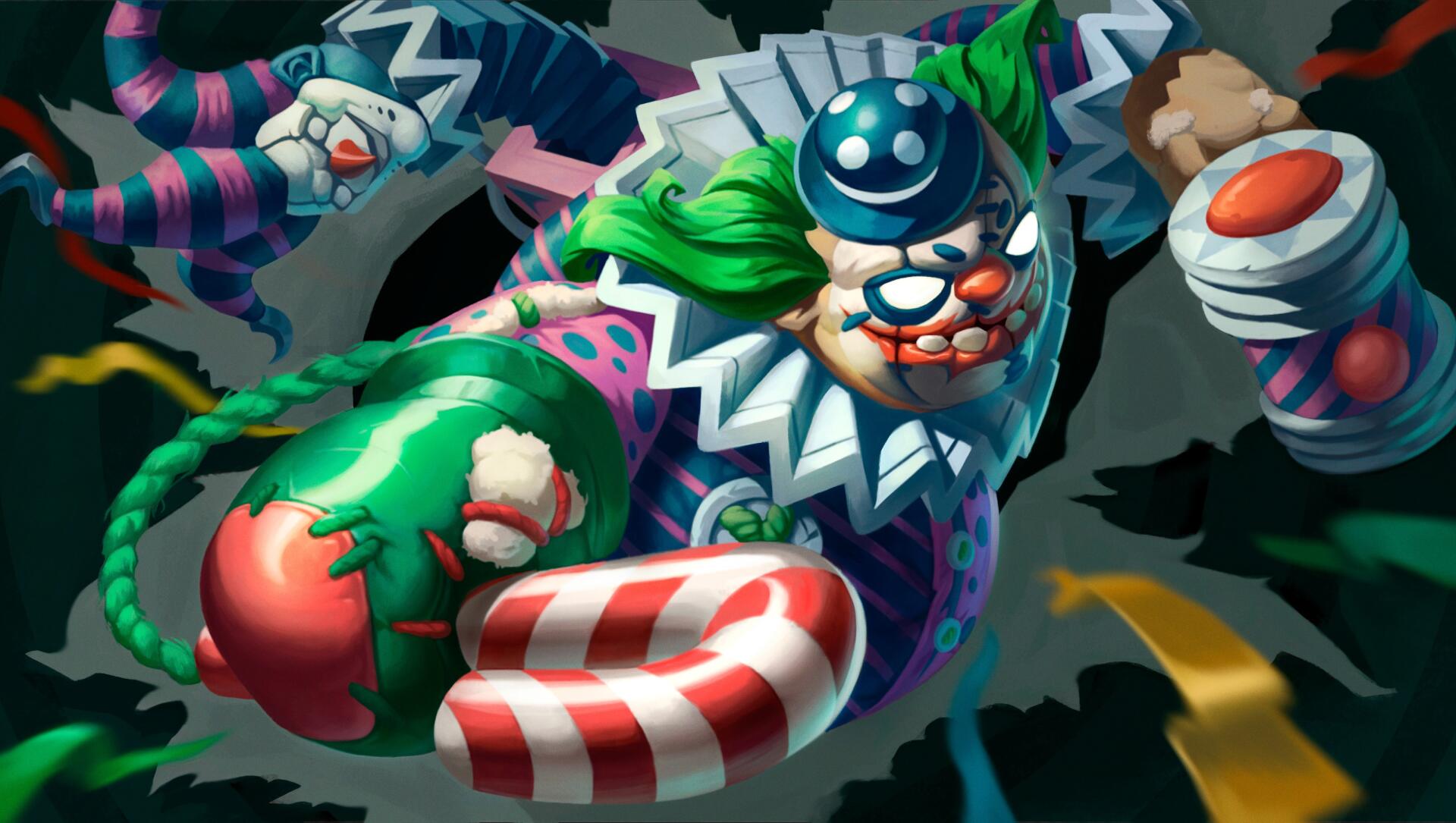 HD PC desktop wallpaper featuring Pudge from DotA 2 in a colorful, clown-inspired design, showcasing vibrant details from the video game.