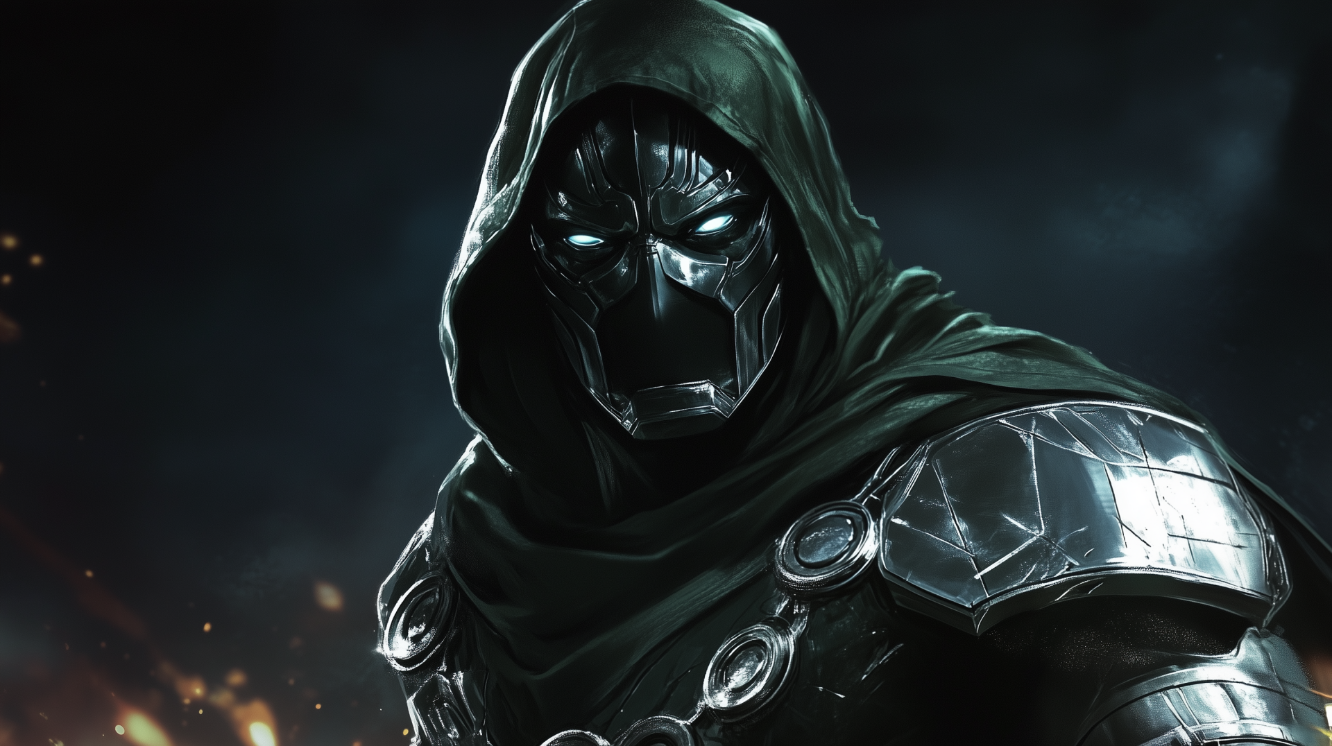 A striking HD desktop wallpaper featuring Doctor Doom from the comic universe. The character is depicted in a dark, menacing pose with a detailed metallic costume and glowing eyes.