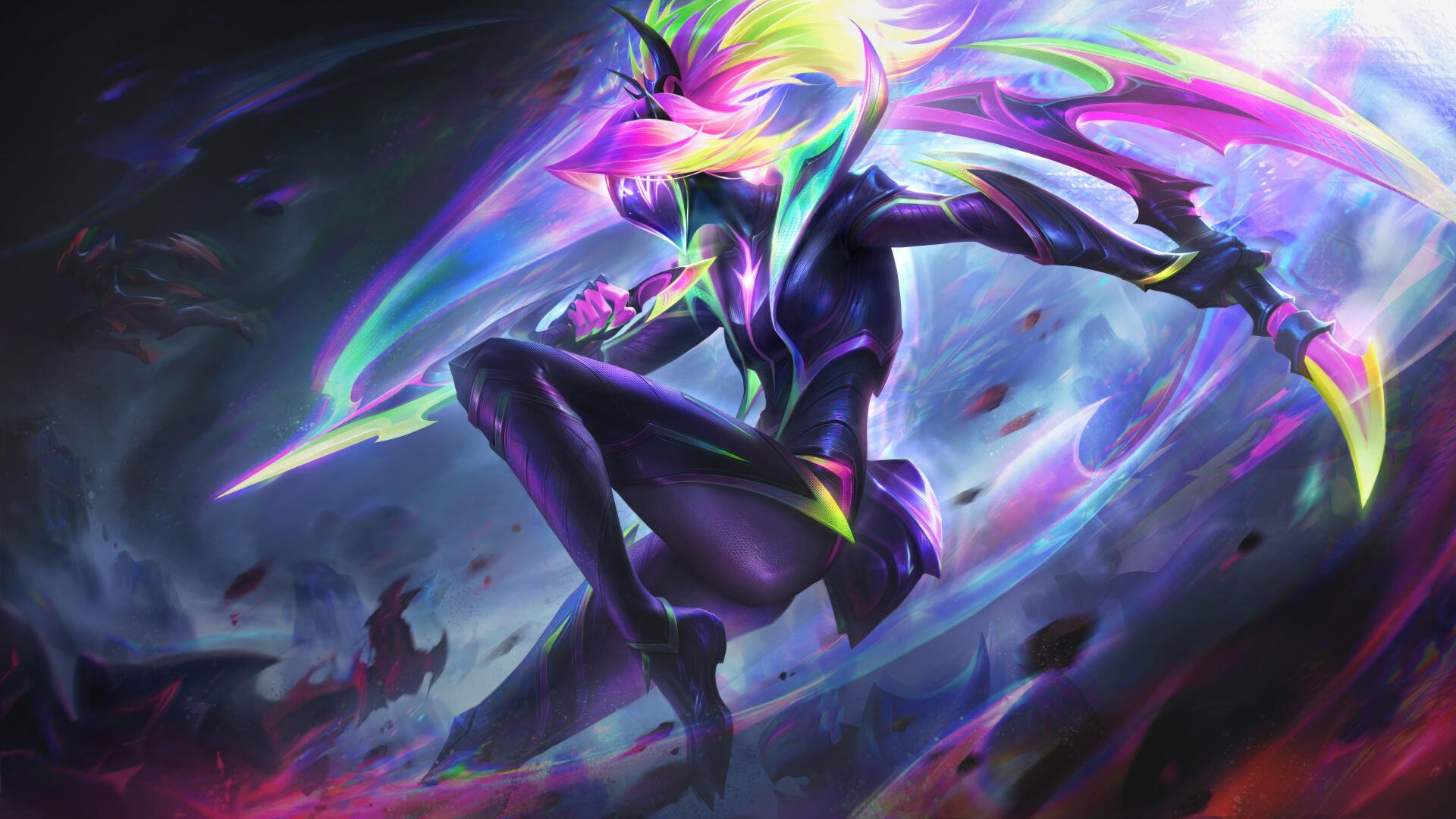 HD desktop wallpaper featuring Akali from League of Legends, showcasing the character's fierce and dynamic presence in the vibrant world of video gaming.