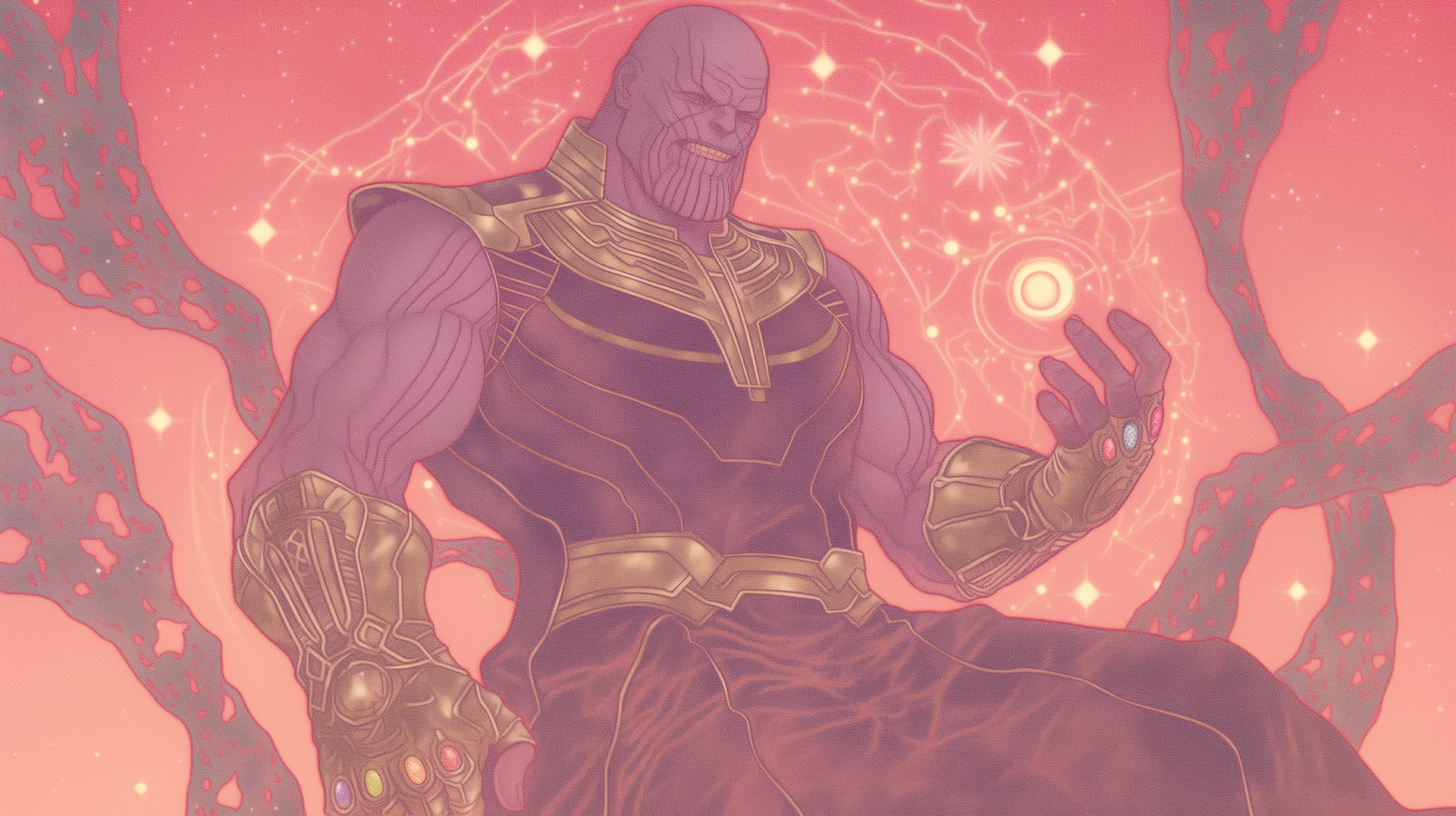 HD desktop wallpaper featuring Thanos from the comics, depicting him seated with an intense expression against a cosmic backdrop filled with swirling stars and energy.
