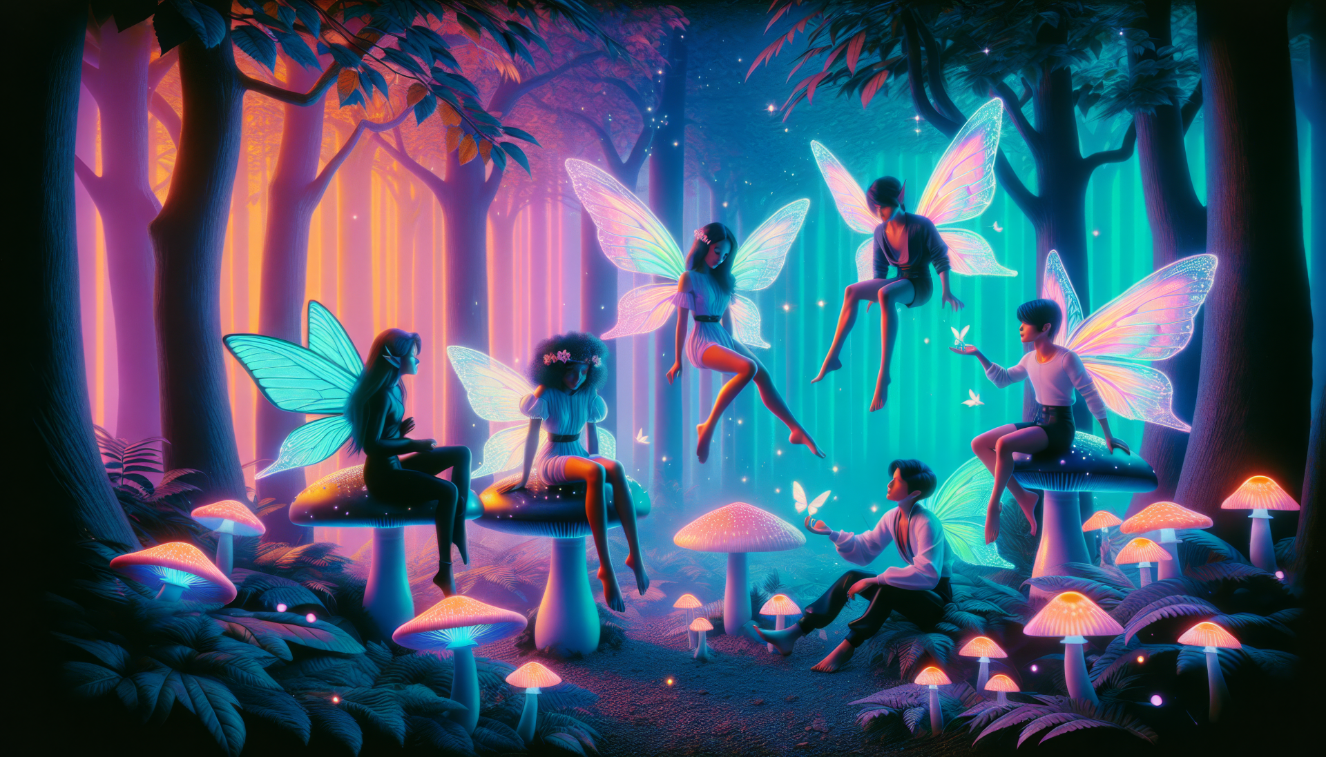 A whimsical HD desktop wallpaper featuring enchanting forest fairies gathered among glowing mushrooms, illuminated by vibrant hues of blue and purple, creating a magical woodland atmosphere.