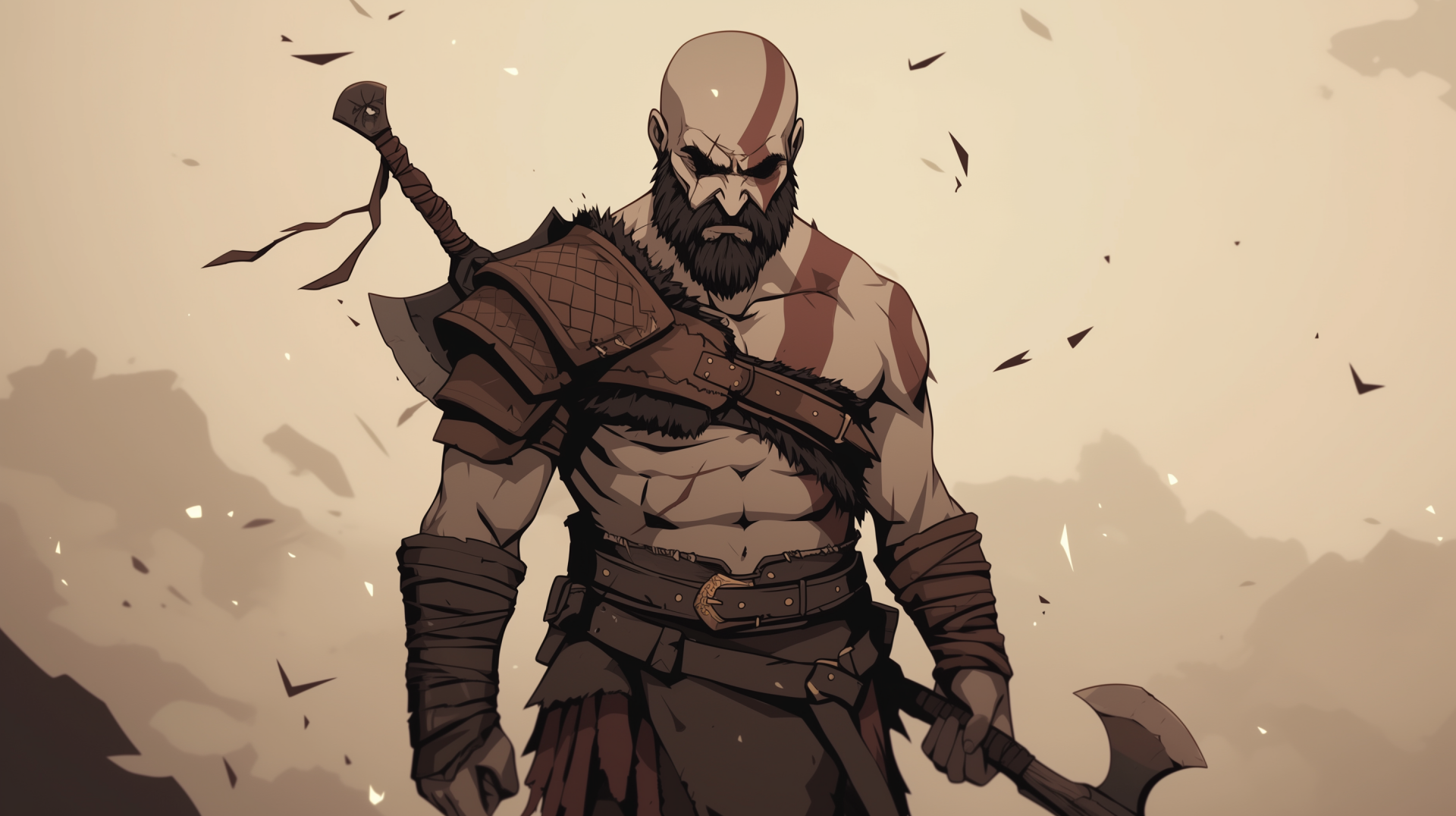 HD desktop wallpaper showcasing Kratos from the video game God of War, featuring dramatic visuals and iconic elements from the series.