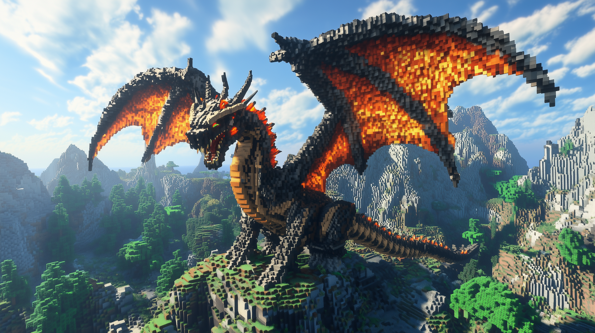 A stunning HD Minecraft wallpaper featuring a majestic dragon with fiery wings, set against a breathtaking landscape of mountains and lush greenery.