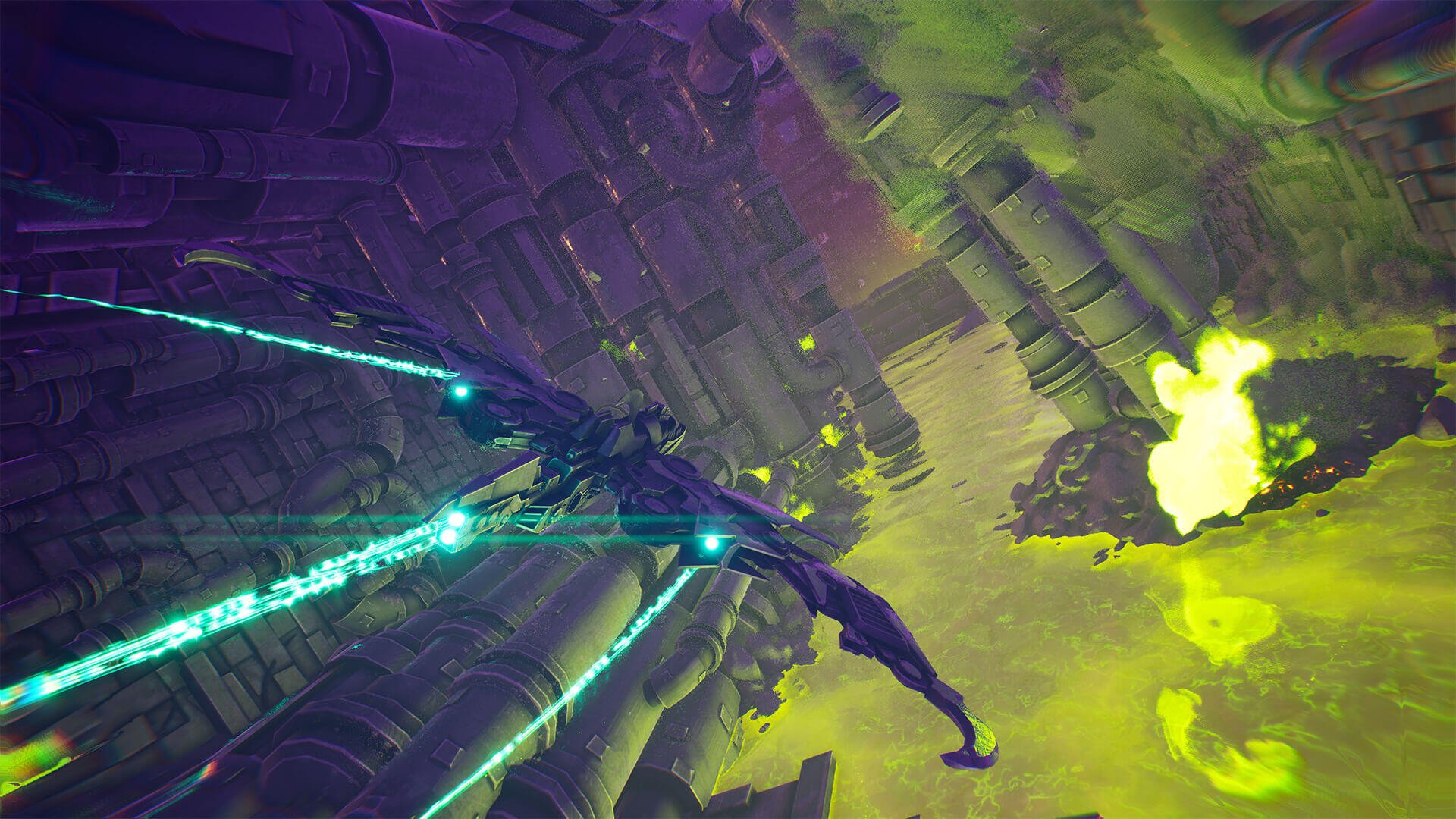 A vibrant HD PC desktop wallpaper featuring a futuristic spaceship navigating a surreal landscape, embodying the aesthetic of the video game Akimbot.