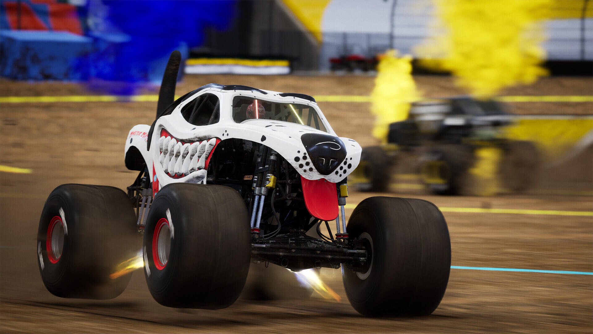 HD desktop wallpaper featuring an exciting scene from the video game Monster Jam Showdown, showcasing thrilling monster truck action and vibrant graphics.