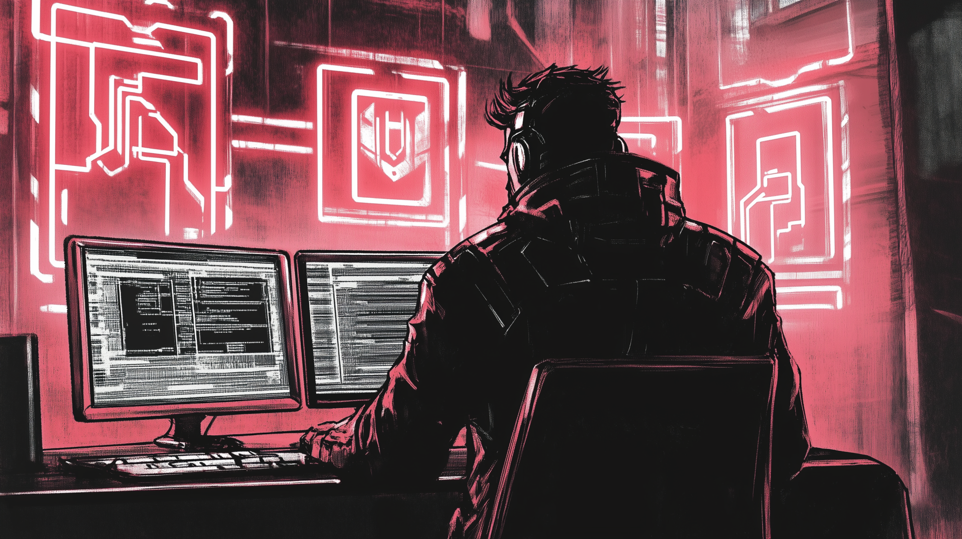 A cyberpunk-themed HD wallpaper featuring a hacker aesthetic, blending digital elements and futuristic design for a striking desktop background.