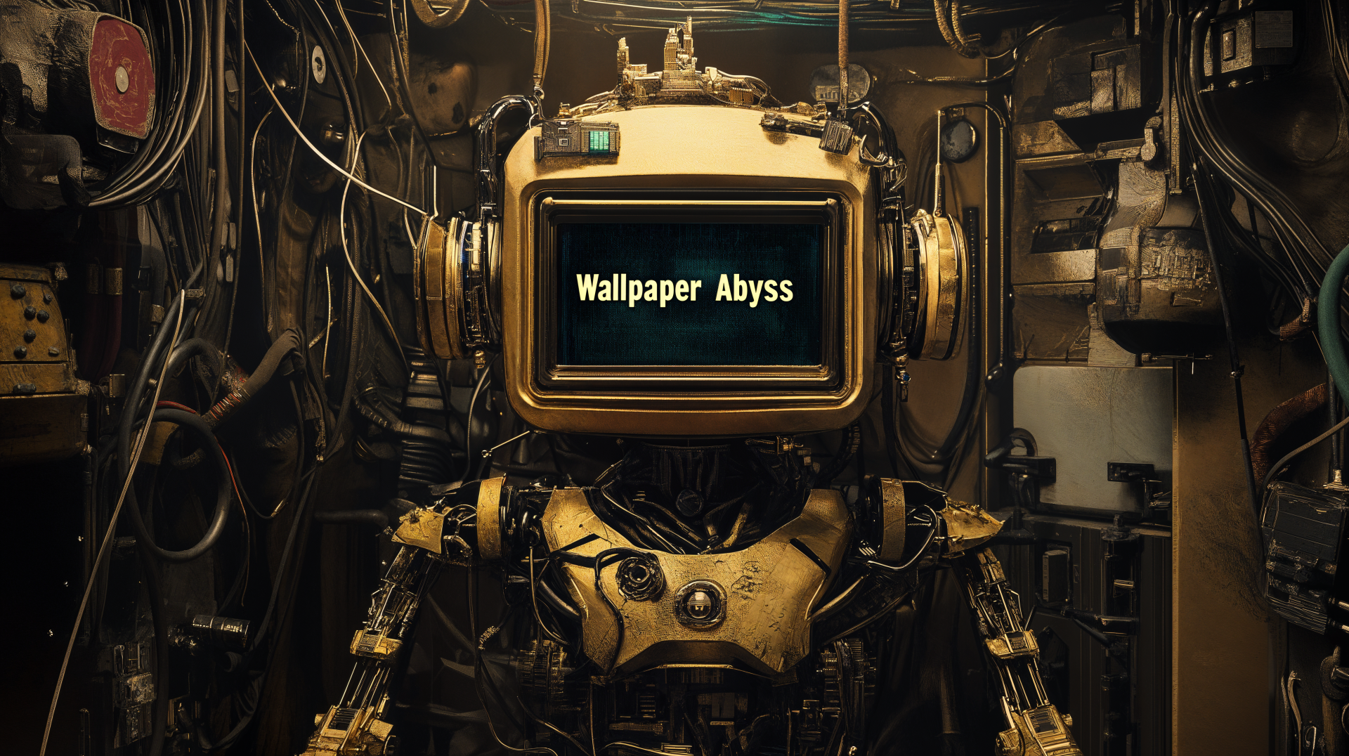 A detailed 4K Ultra HD wallpaper featuring a golden robot with a screen displaying Wallpaper Abyss, set against a backdrop of cables and machinery, embodying a sci-fi theme.