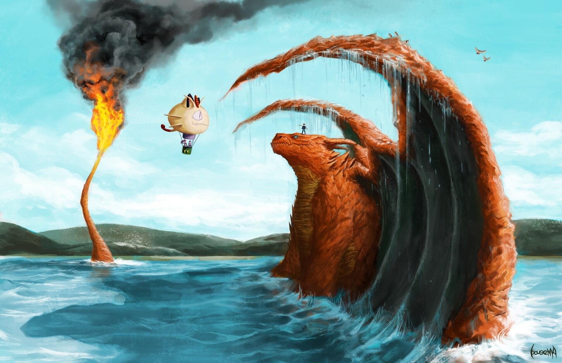 An HD desktop wallpaper featuring iconic Pokémon characters Meowth and Charizard, celebrating the vibrant world of anime and Pokémon.