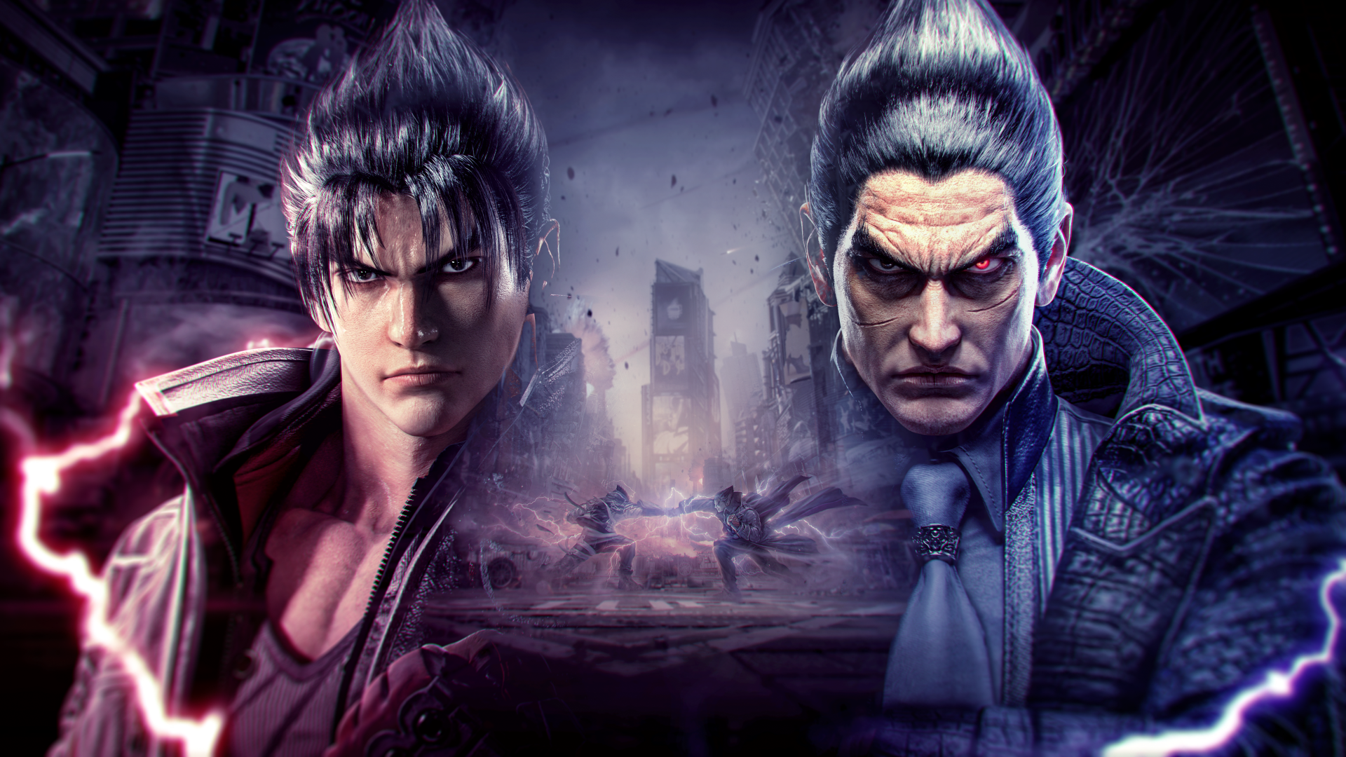 Dynamic 4K Ultra HD wallpaper featuring Jin Kazama and Kazuya Mishima from Tekken 8, showcasing the iconic characters from the renowned video game series Tekken.