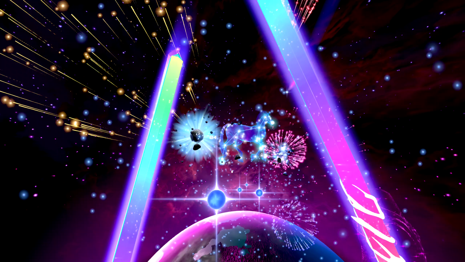 A vibrant HD desktop wallpaper featuring a cosmic scene from the video game Starwave, showcasing colorful bursts and glowing elements against a deep space background.