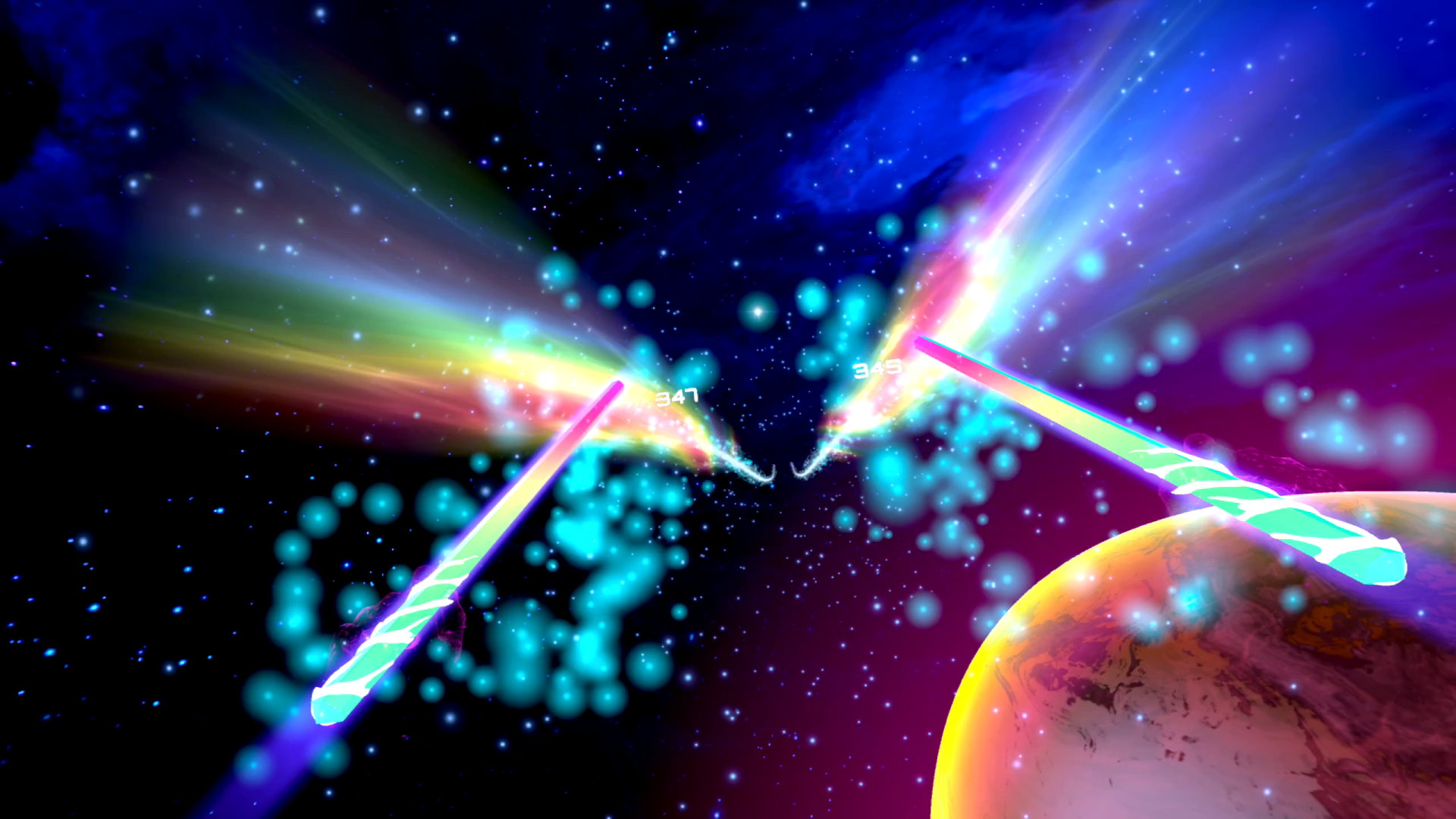 A vibrant HD desktop wallpaper featuring cosmic elements and colorful light beams from the game Starwave, set against a starry space background and a glowing planet.