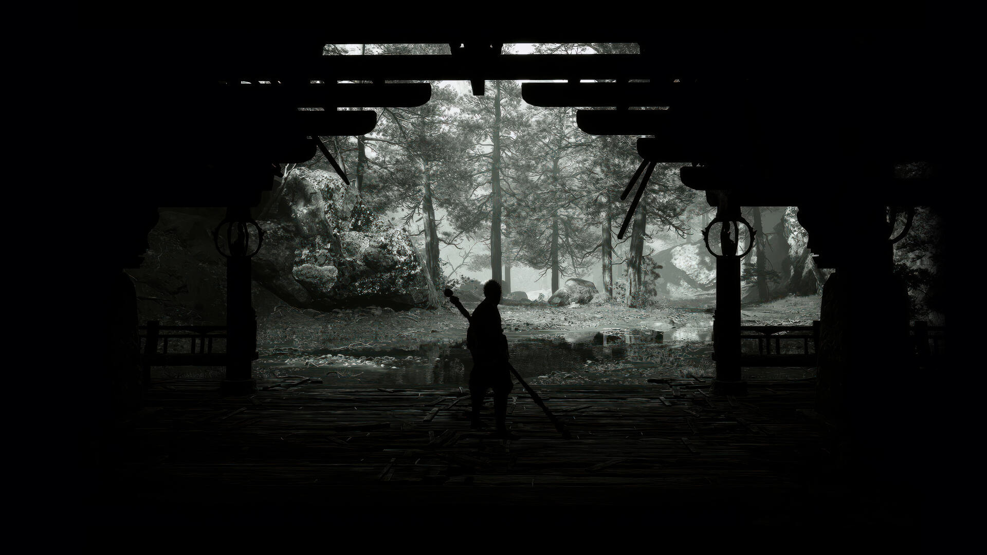 A striking 4K Ultra HD wallpaper from the video game Black Myth: Wukong, featuring a silhouetted figure against a lush, mystical landscape.