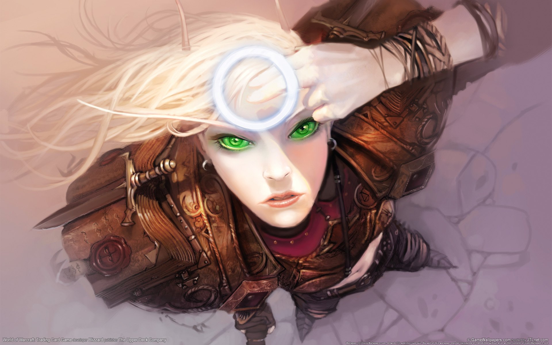 HD PC desktop wallpaper featuring a striking World of Warcraft character with glowing green eyes and detailed armor, captured in a dynamic top-down perspective.