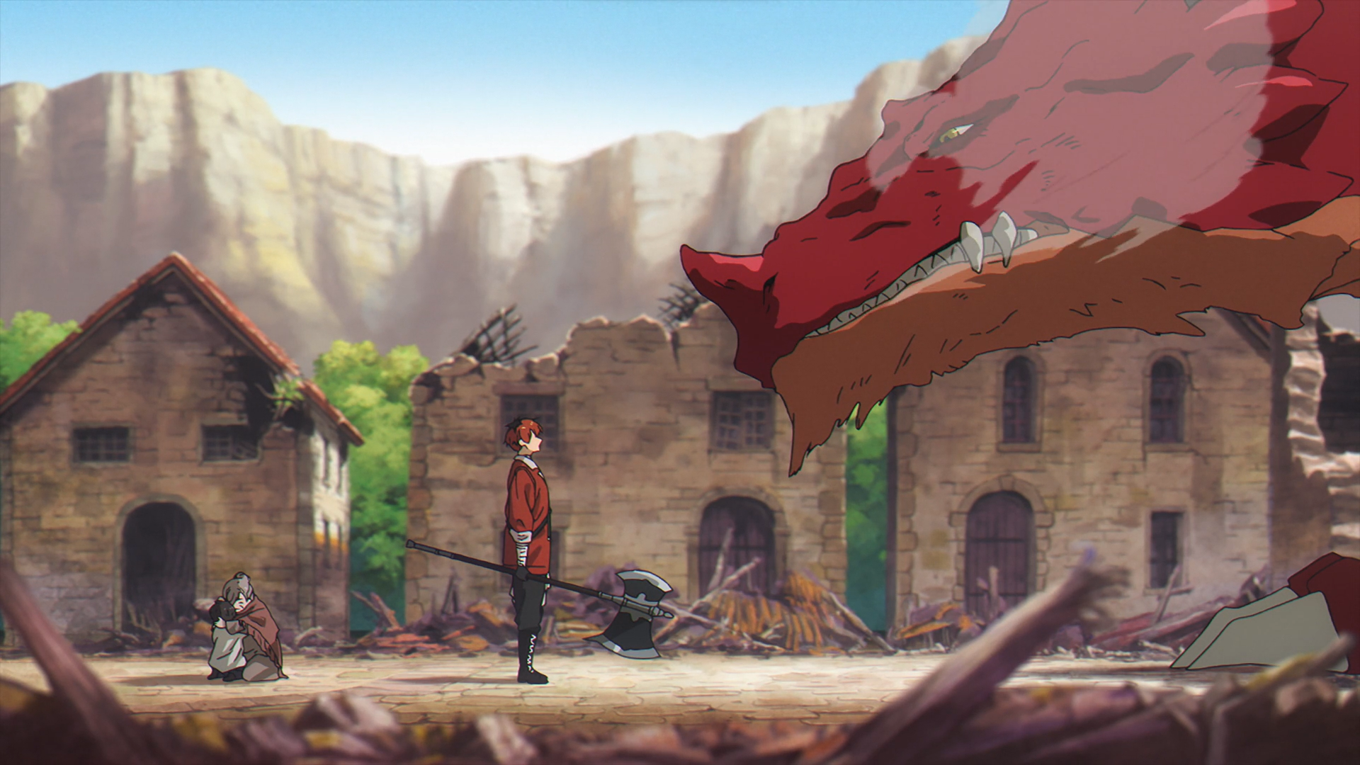 HD PC desktop wallpaper featuring Stark from Frieren: Beyond Journey's End standing in a ruined village with a large red creature soaring above.