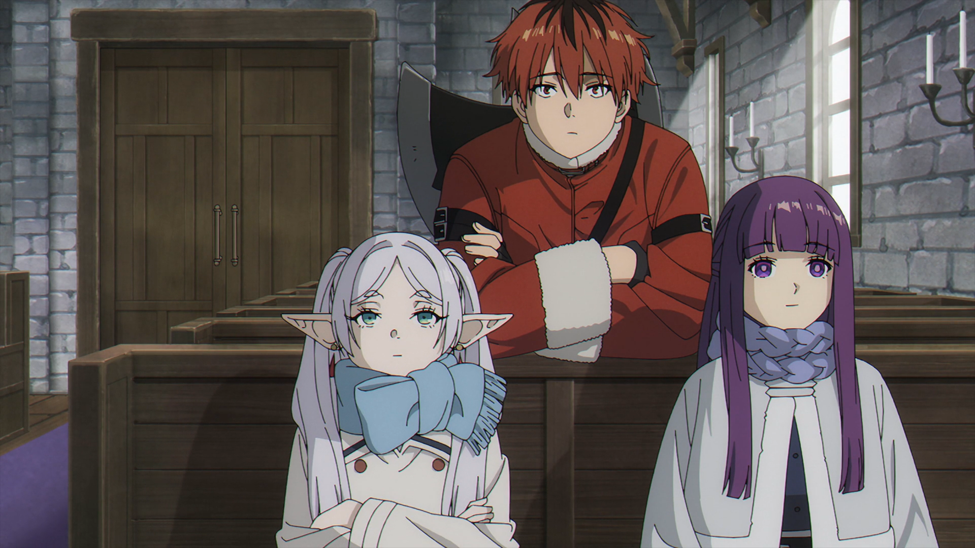 HD PC desktop wallpaper featuring Fern and Stark from Frieren: Beyond Journey's End, set in a stone-walled room with wooden furniture.