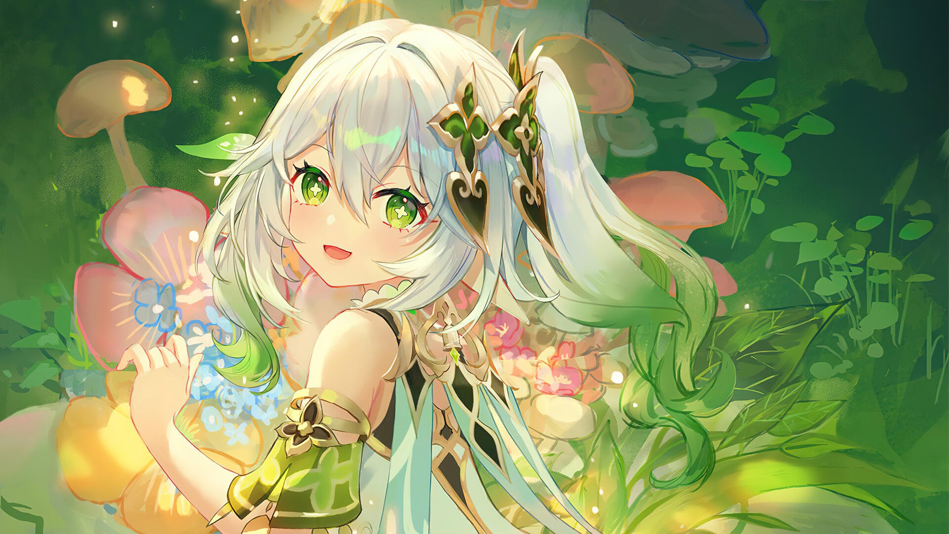 A vibrant 4K Ultra HD wallpaper featuring Nahida from Genshin Impact, surrounded by lush greenery and colorful flowers, showcasing her playful expression and enchanting aura.