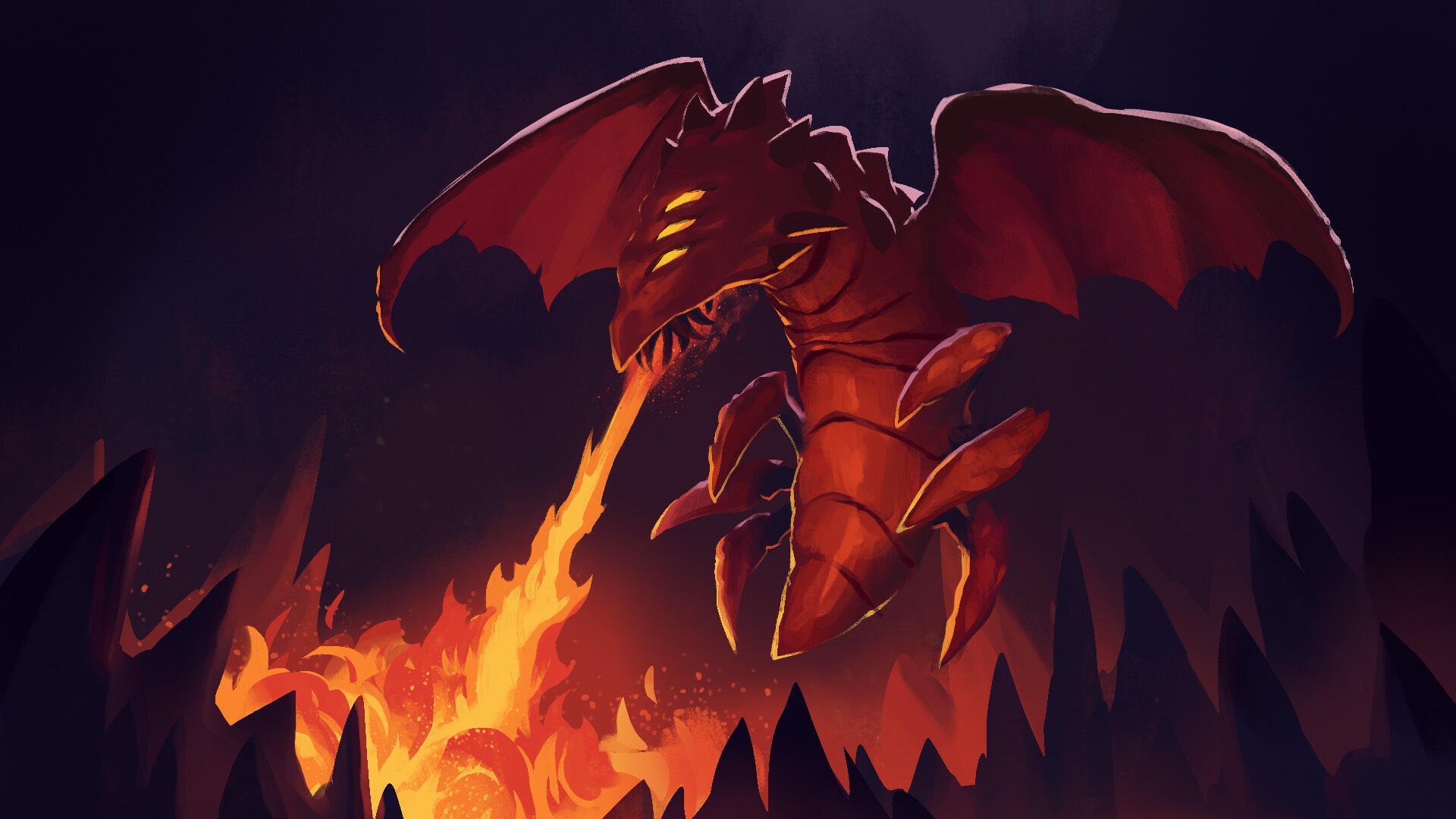 A fiery red monster with wings breathes fire in a dark, dramatic landscape, inspired by the video game Hive Jump 2: Survivors. This HD wallpaper captivates with its intense visuals.