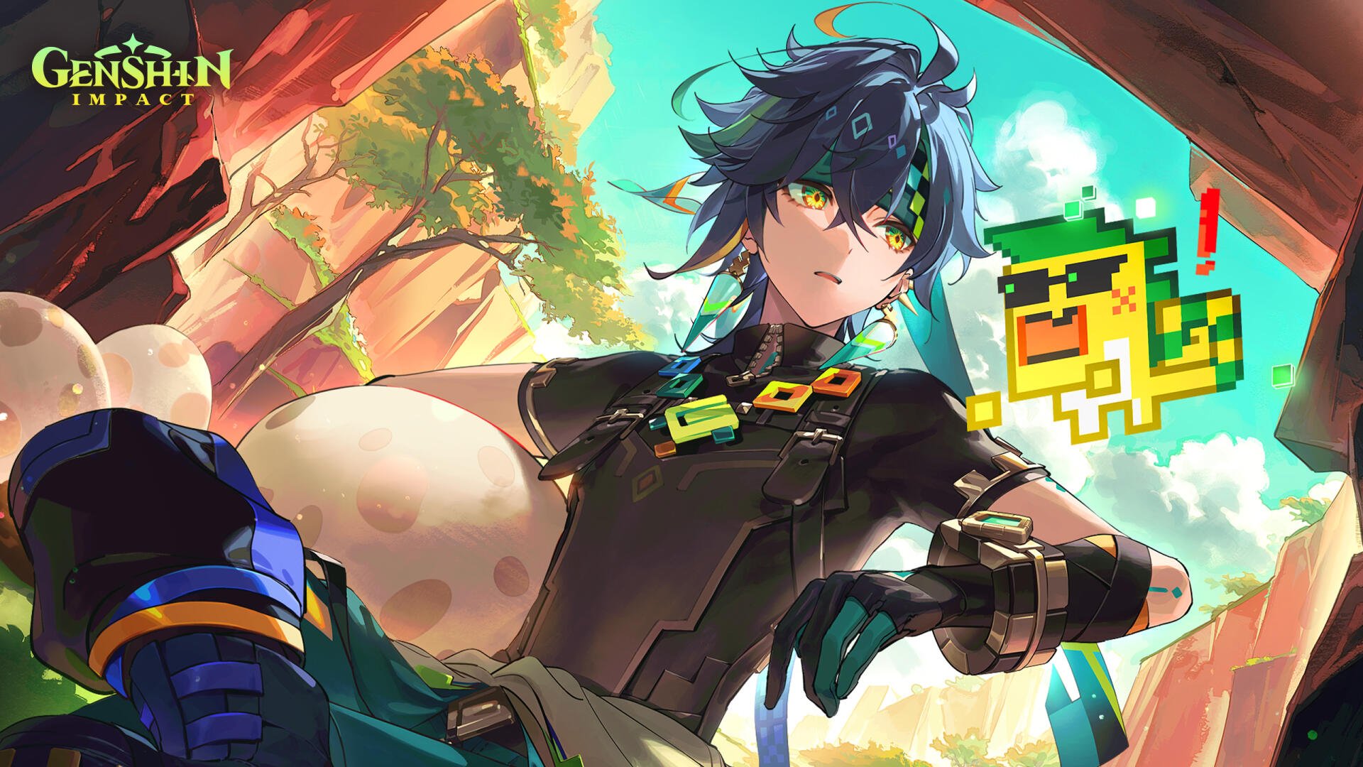 HD PC desktop wallpaper featuring Kinich from Genshin Impact, showcasing vibrant colors and dynamic pose with in-game pixel art elements in the background.