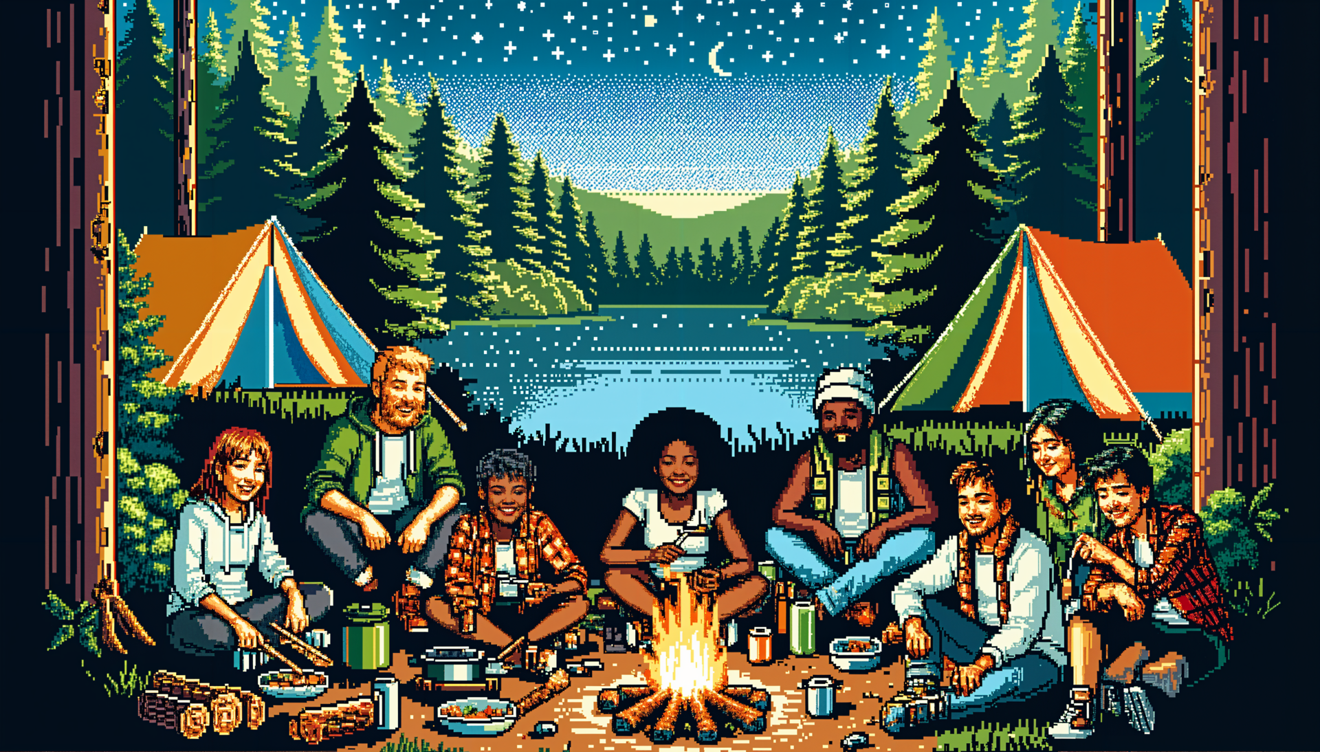 A vibrant camping scene featuring a group of friends gathered around a campfire, surrounded by tents and a serene lake under a starry sky. This 4K Ultra HD wallpaper captures the essence of adventure.