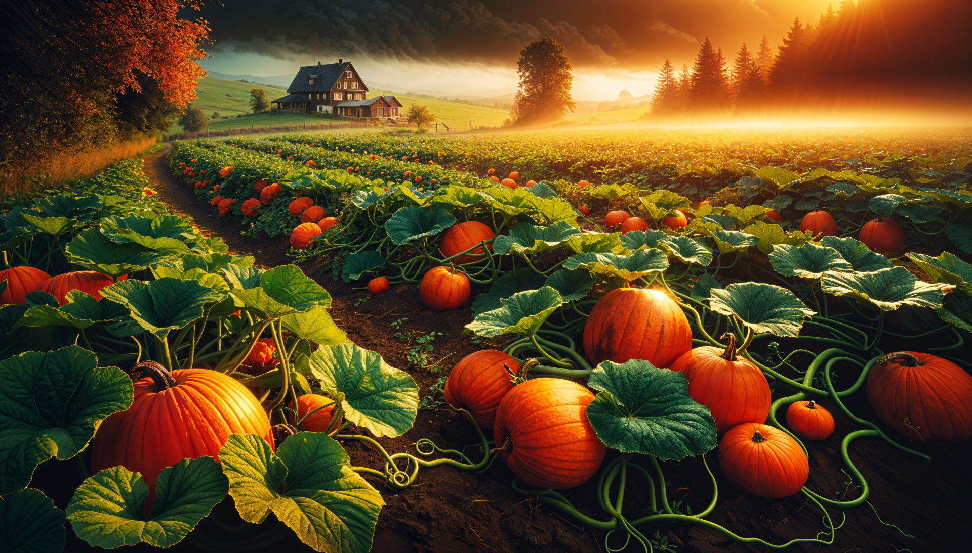 A vibrant pumpkin patch at sunset, with rows of ripe pumpkins nestled among green vines, framed by a serene farmhouse and misty landscape in high-resolution detail.