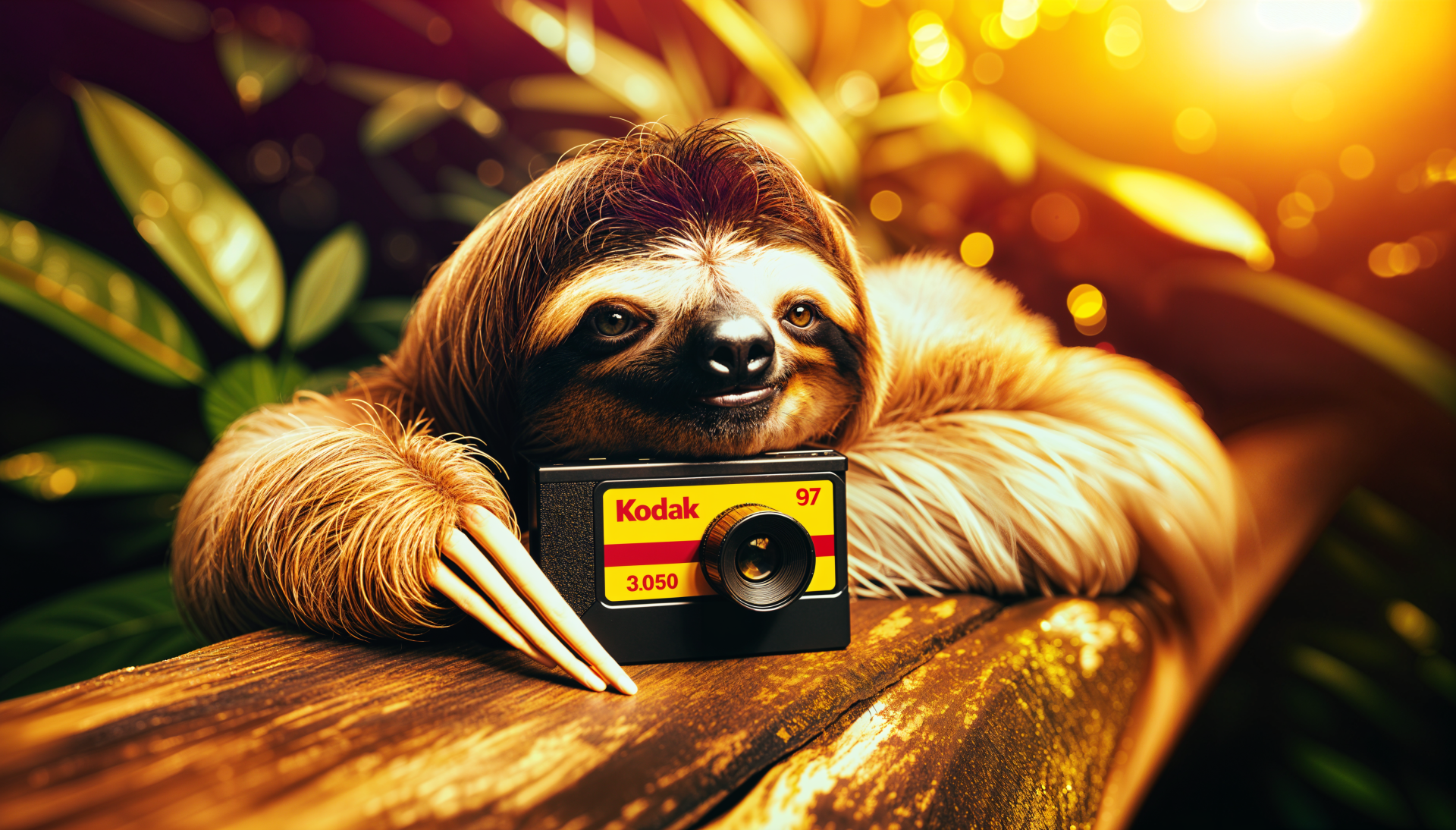 A charming sloth rests on a wooden log, holding a vintage Kodak camera, surrounded by lush greenery and warm sunlight, creating a serene vibe in this 4K Ultra HD wallpaper.