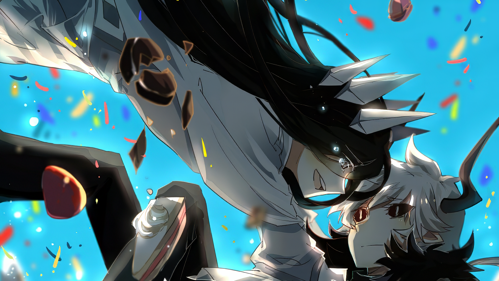 Dynamic anime scene from The Gray Garden, featuring two characters amidst colorful confetti and debris, set against a vibrant blue background. High-definition desktop wallpaper.