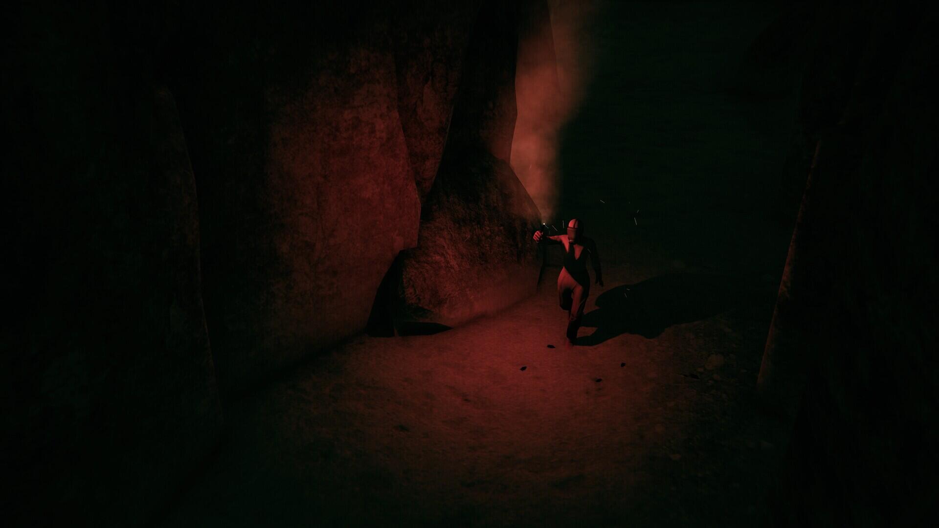 A dark, atmospheric scene from the video game Hollowbody, featuring a character exploring a cave with a flashlight, creating an eerie yet captivating background for a PC desktop wallpaper.