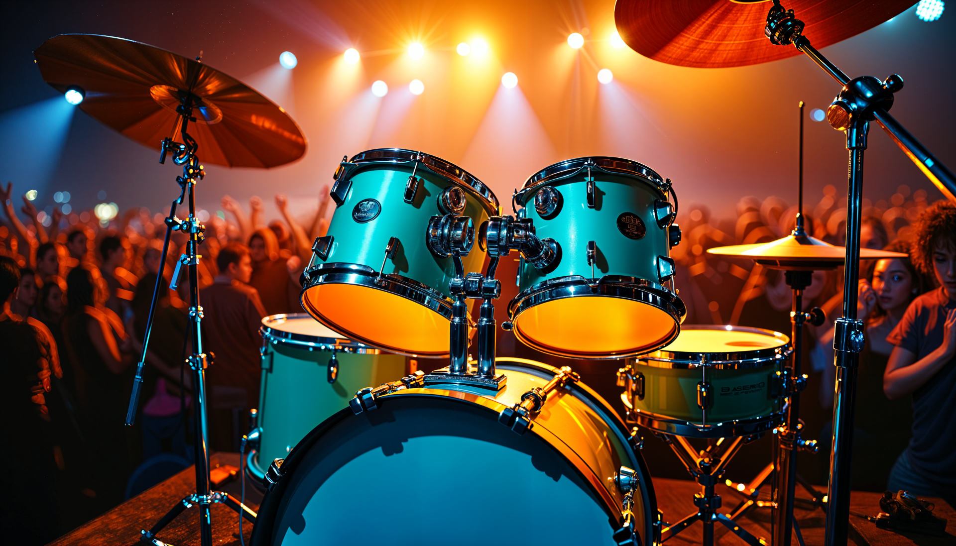 A vibrant drum set illuminated by stage lights, surrounded by an energetic crowd, presented as a 4K Ultra HD PC desktop wallpaper and background.