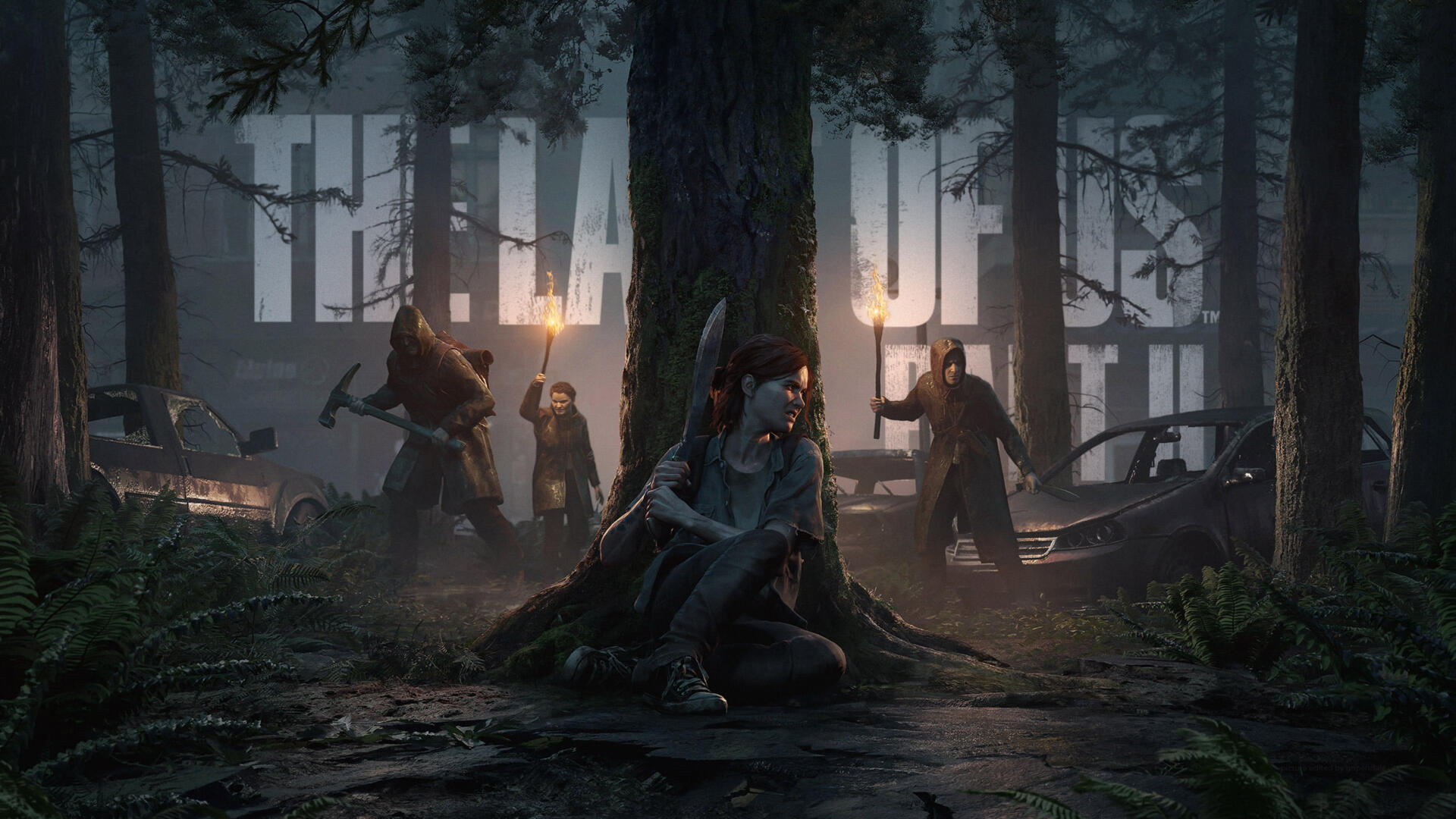 The Last of Us 8K Ultra HD PC wallpaper featuring a tense forest scene with characters holding torches and weapons in a dark, atmospheric setting.