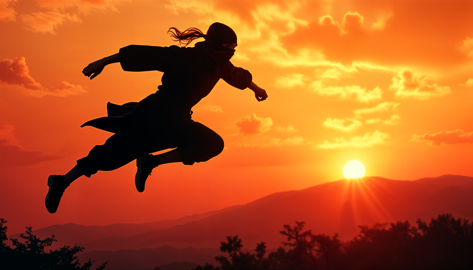 A dynamic silhouette of a ninja jumping against a vibrant sunset, capturing the essence of agility and stealth. This stunning image serves as a 4K Ultra HD desktop wallpaper.