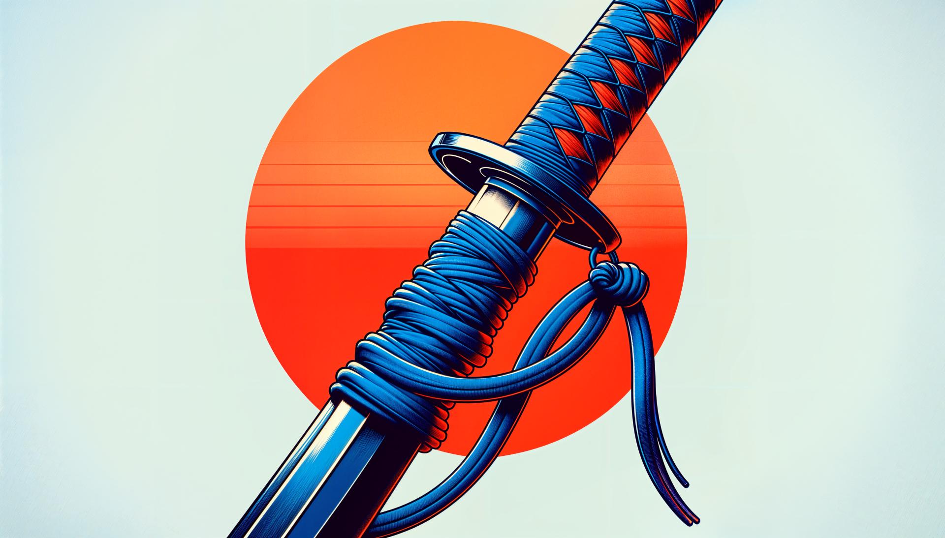 A vibrant 4K Ultra HD wallpaper featuring a blue-wrapped katana against a striking red circle background, showcasing a blend of tradition and artistic design.