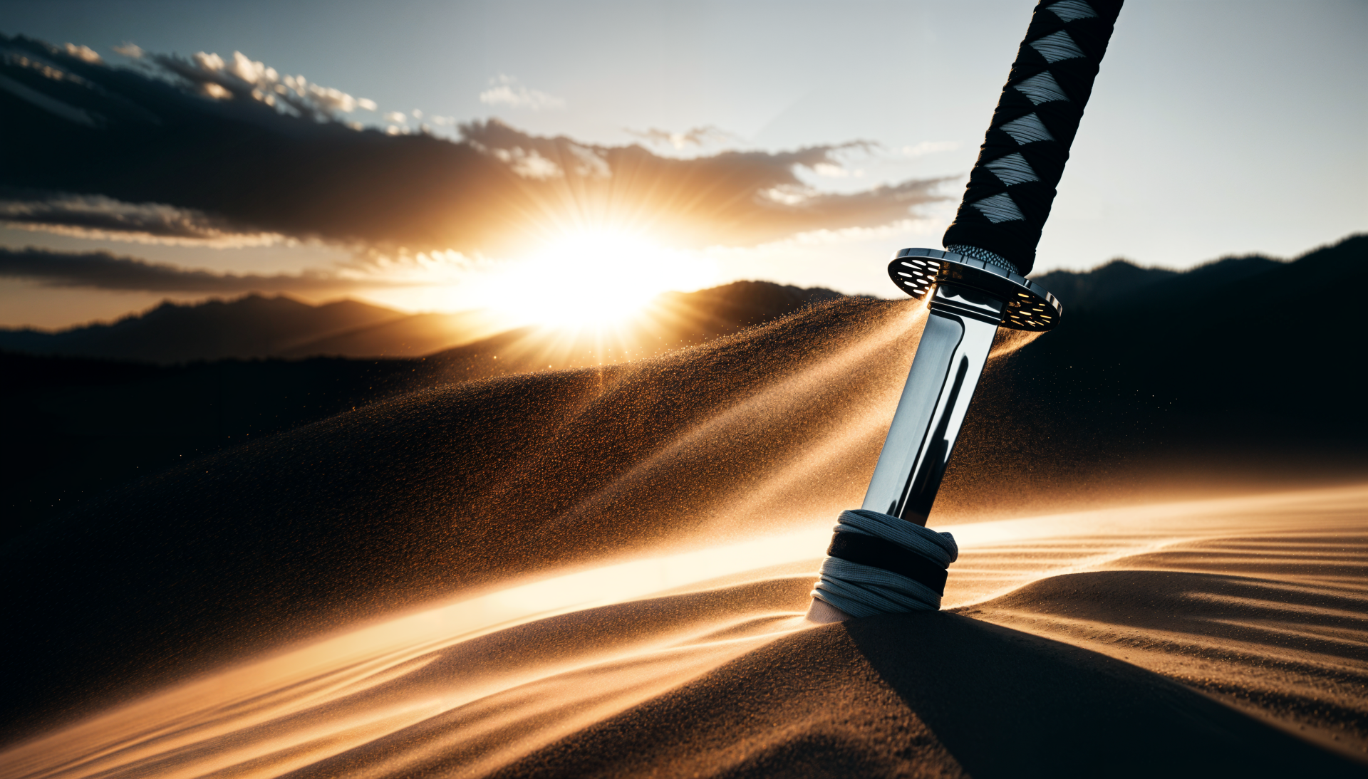 A katana stands embedded in sand, illuminated by a dramatic sunset, creating a striking 4K Ultra HD wallpaper with rich colors and textures.