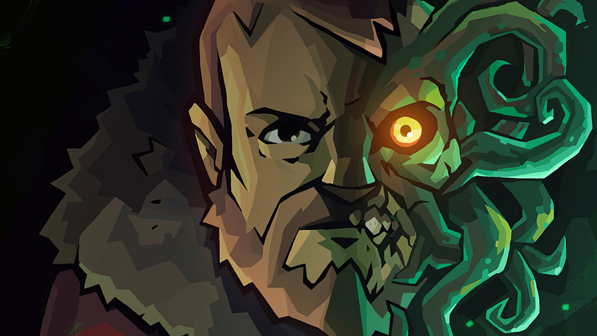 An HD PC desktop wallpaper featuring a character from the video game Edge of Sanity, displaying a rugged man with a monstrous eye and tendrils, capturing a dark, surreal atmosphere.