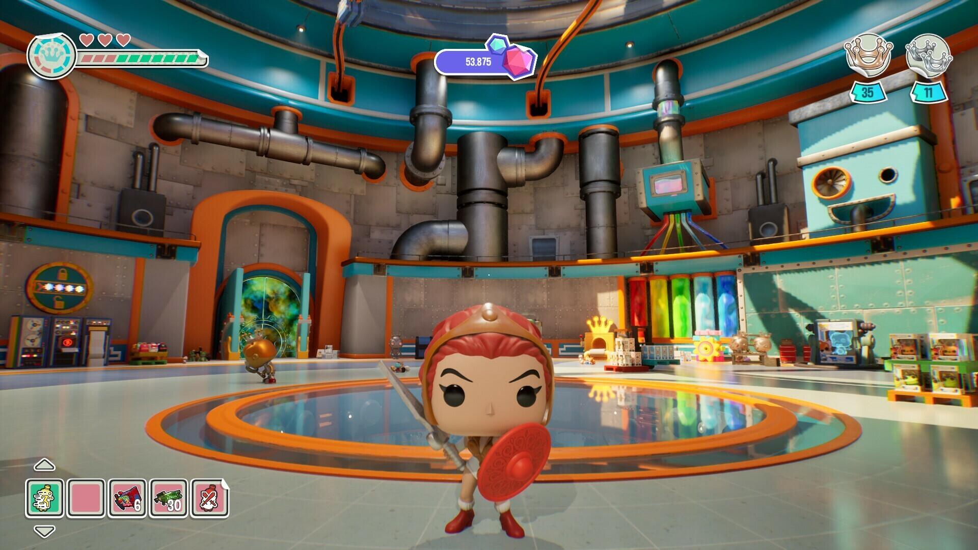 A vibrant HD desktop wallpaper featuring a Funko Fusion character in a colorful, futuristic gaming environment, complete with pipes, screens, and dynamic lighting elements.