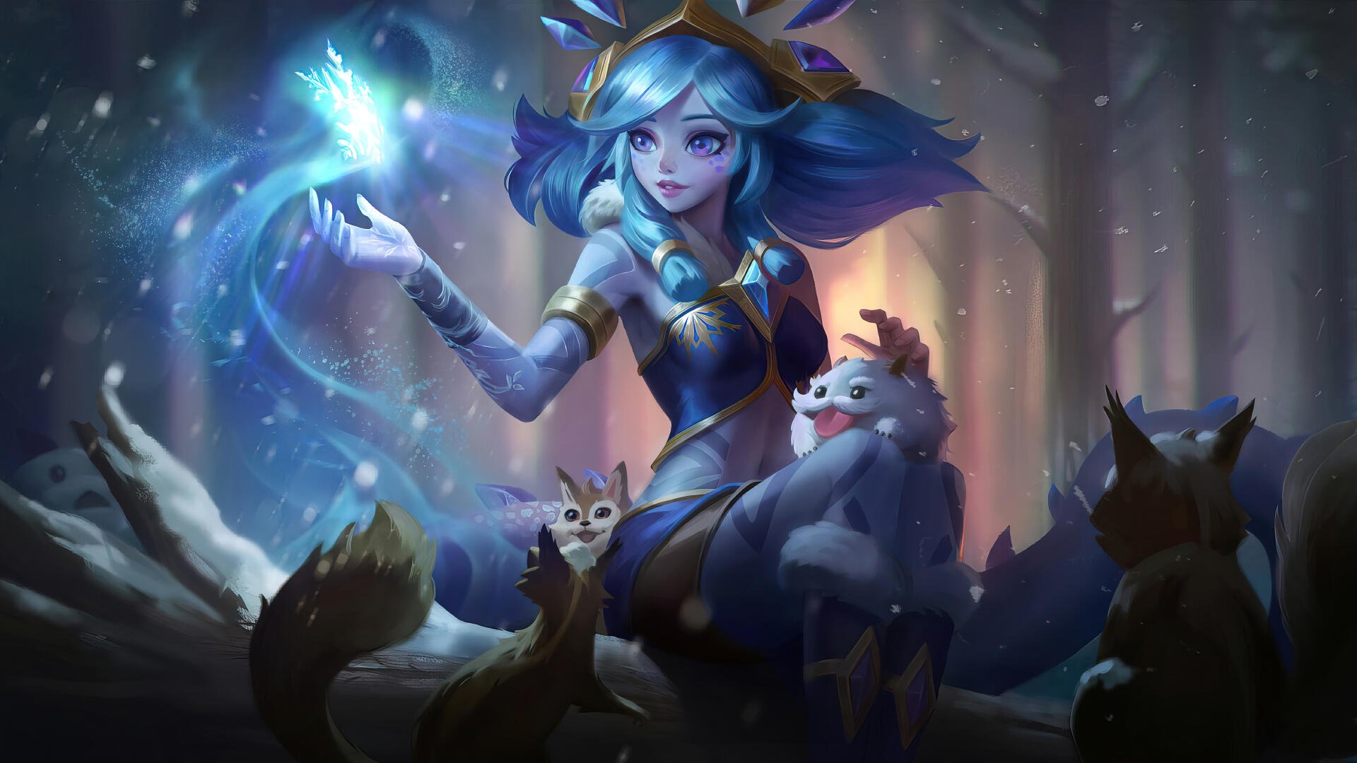 A vibrant 4K Ultra HD wallpaper featuring Neeko from League of Legends, surrounded by magical lights and playful creatures in a whimsical forest setting.