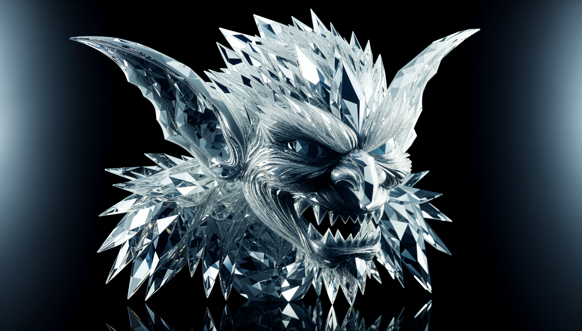 A striking goblin figure designed with crystal-like facets, set against a sleek black background, presented as a 4K Ultra HD PC desktop wallpaper and background.