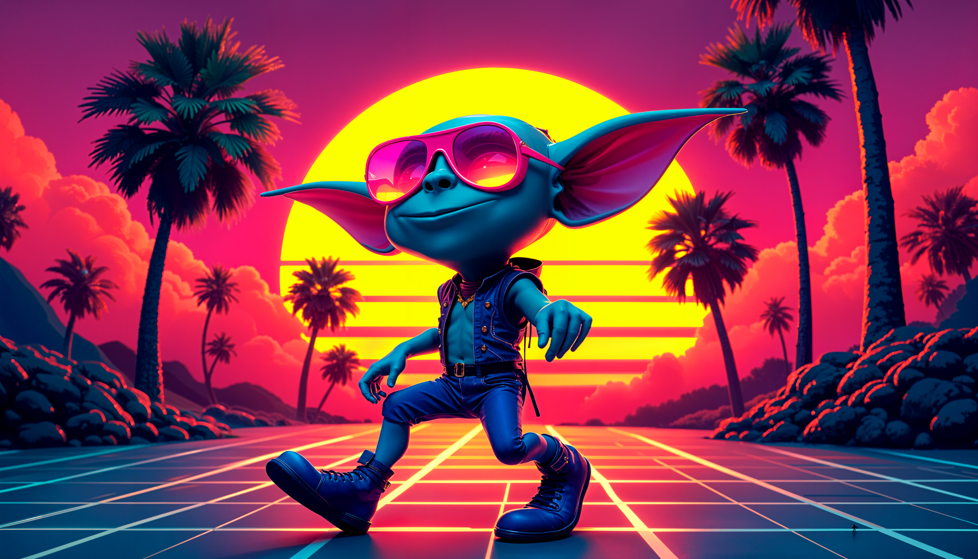 Colorful 4K Ultra HD wallpaper featuring a playful goblin in sunglasses, walking confidently against a vibrant sunset and palm trees, blending fantasy with retro city vibes.