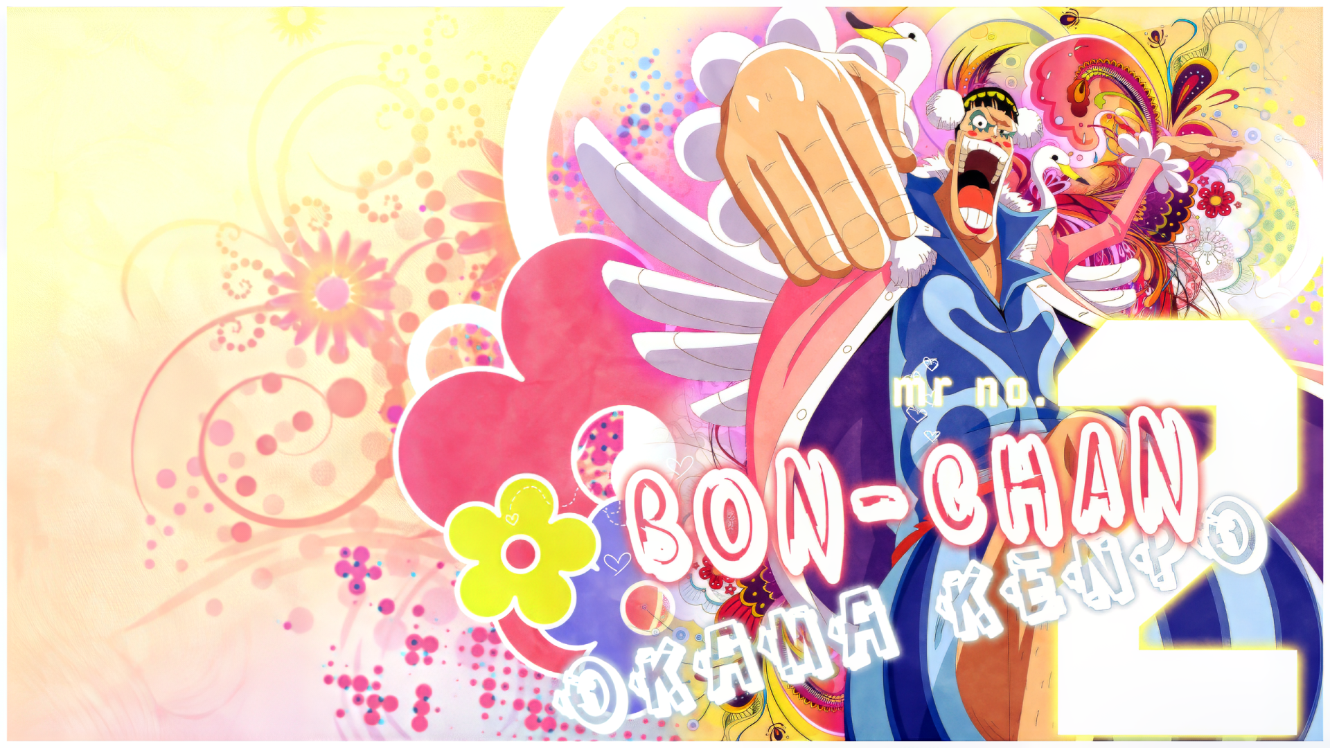 A vibrant HD desktop wallpaper featuring Bentham, also known as Bon-Chan, from the anime One Piece, surrounded by colorful flowers and playful designs.
