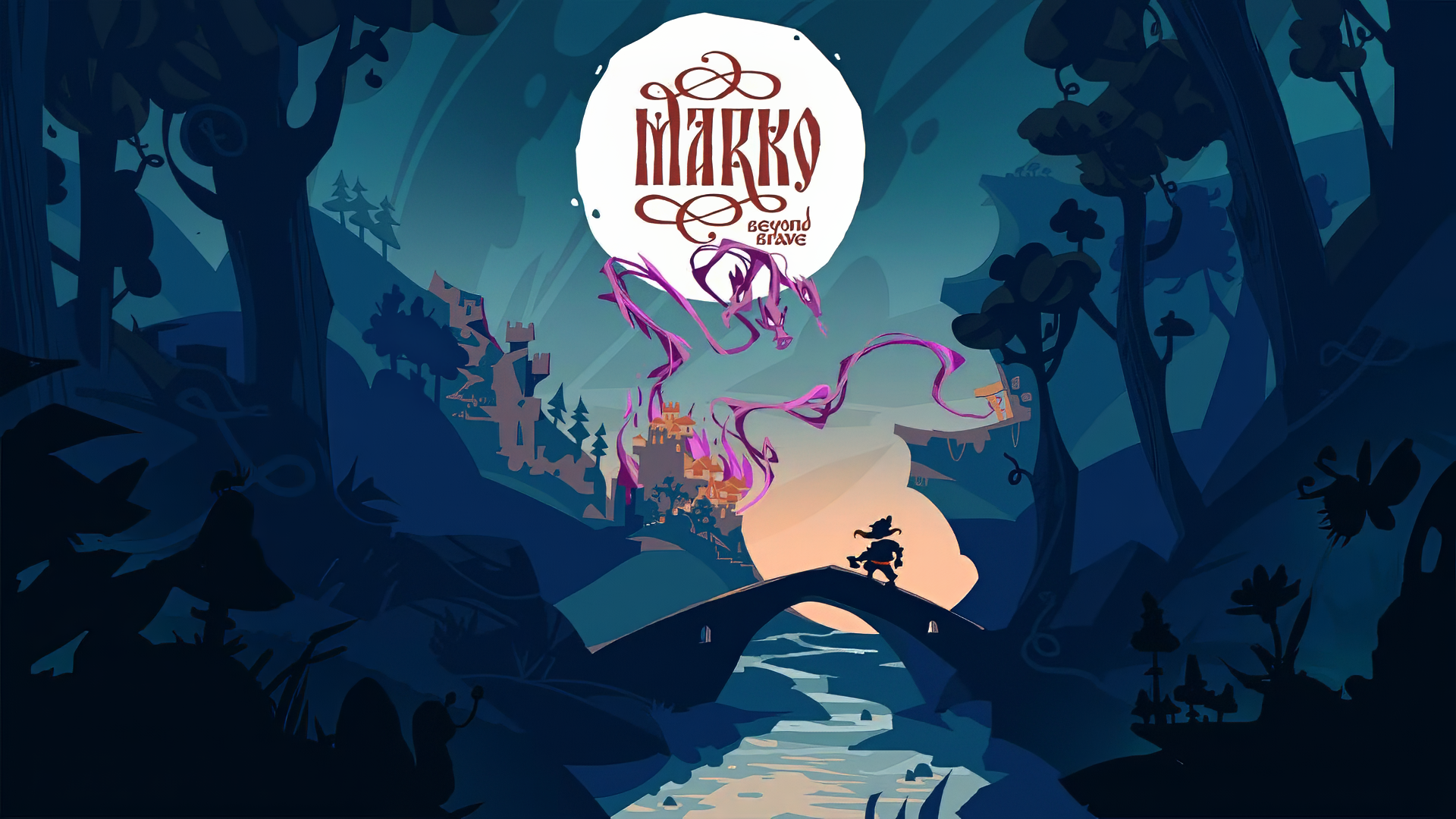 A vibrant HD wallpaper featuring Marko: Beyond Brave, showcasing a mysterious forest with a bridge, a serene river, and whimsical elements that evoke adventure.